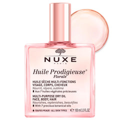Nuxe Huile Prodigieuse Floral bottle closeup for radiant skin and hair hydration.