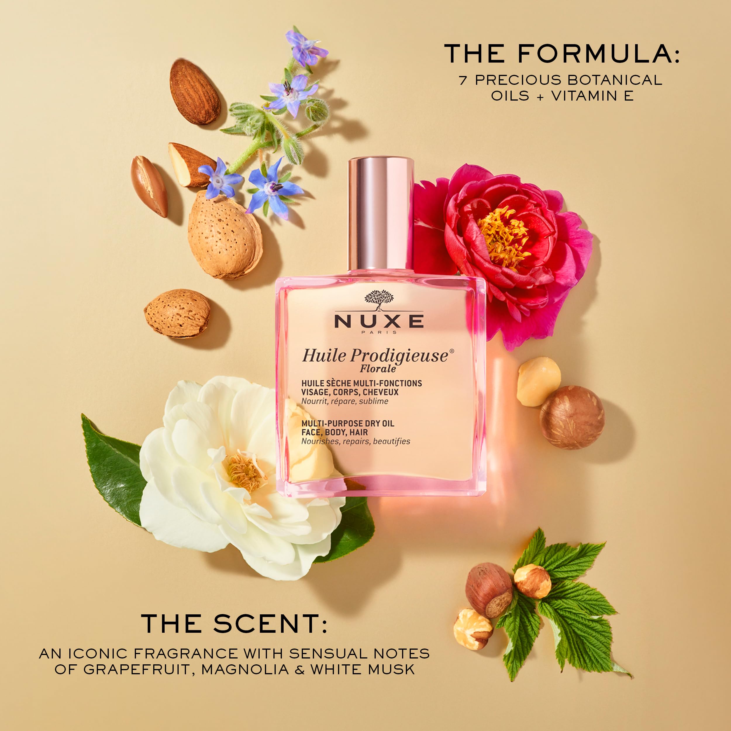 Nuxe Huile Prodigieuse Floral Camellia oil boosting shine for hair and skin.