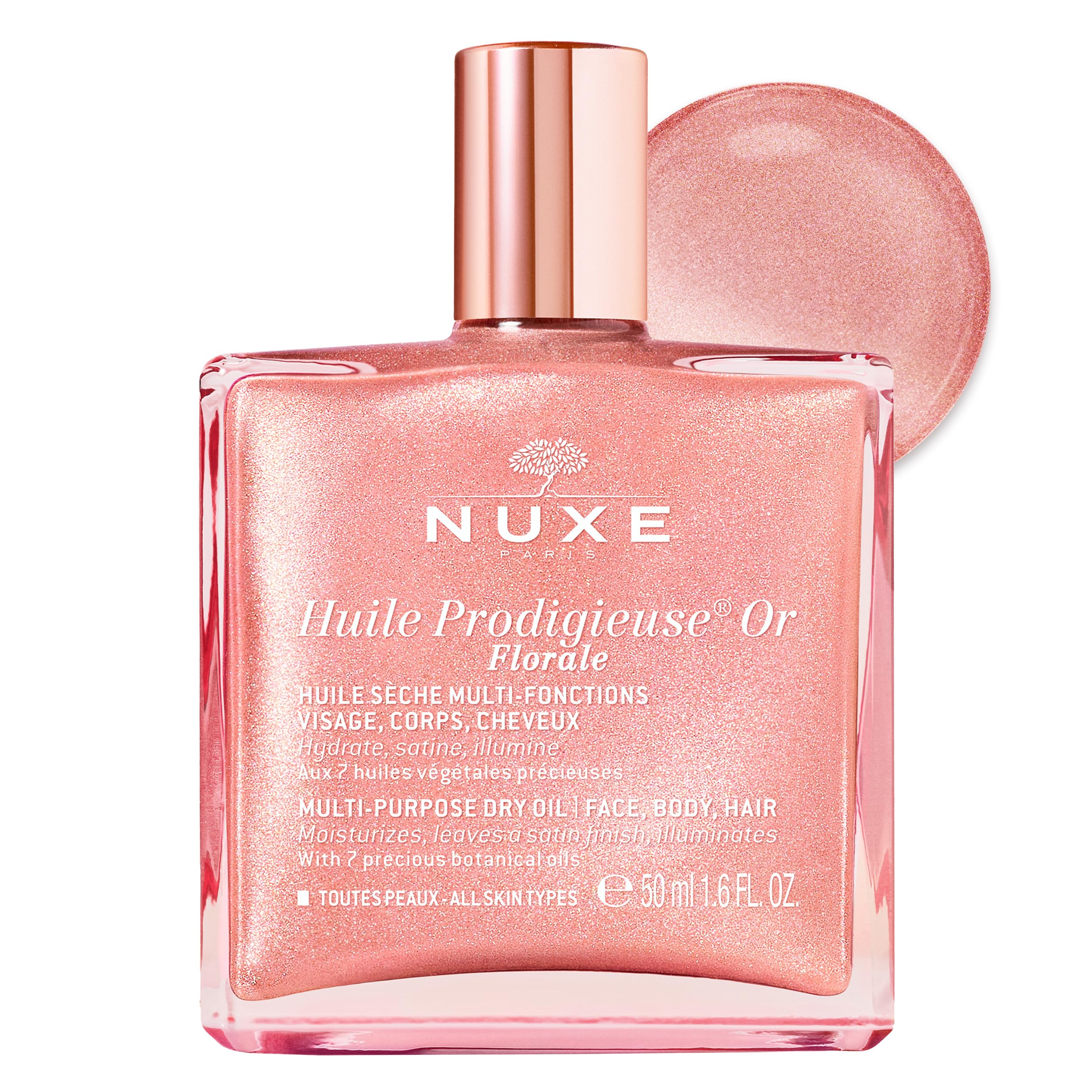 Nuxe Huile Prodigieuse Florale bottle closeup showing premium shimmering oil.