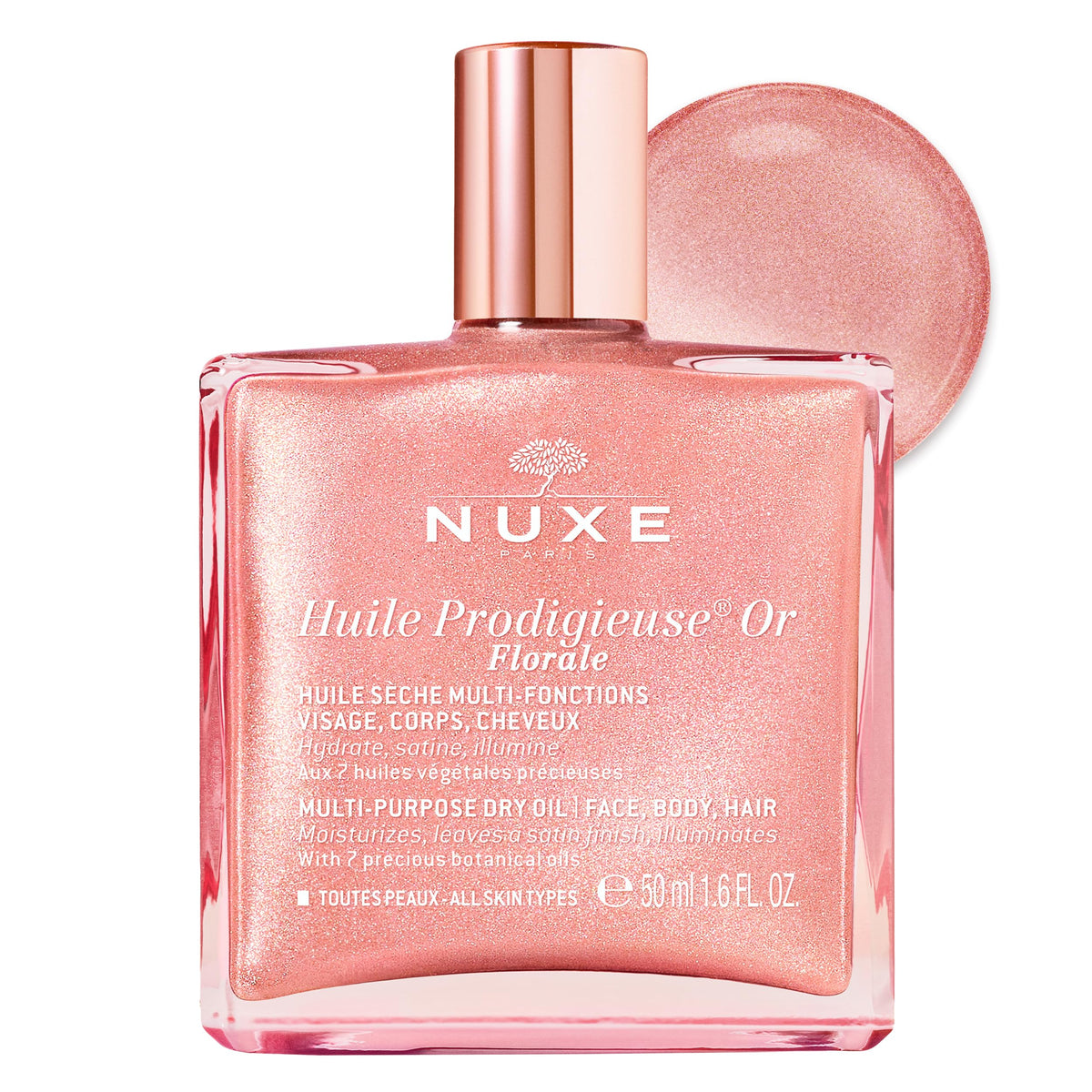 Nuxe Huile Prodigieuse Florale bottle closeup showing premium shimmering oil.