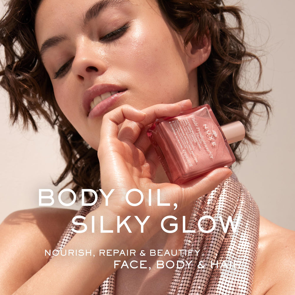 Nuxe Huile Prodigieuse Florale on skin delivers rosy-gold glow.