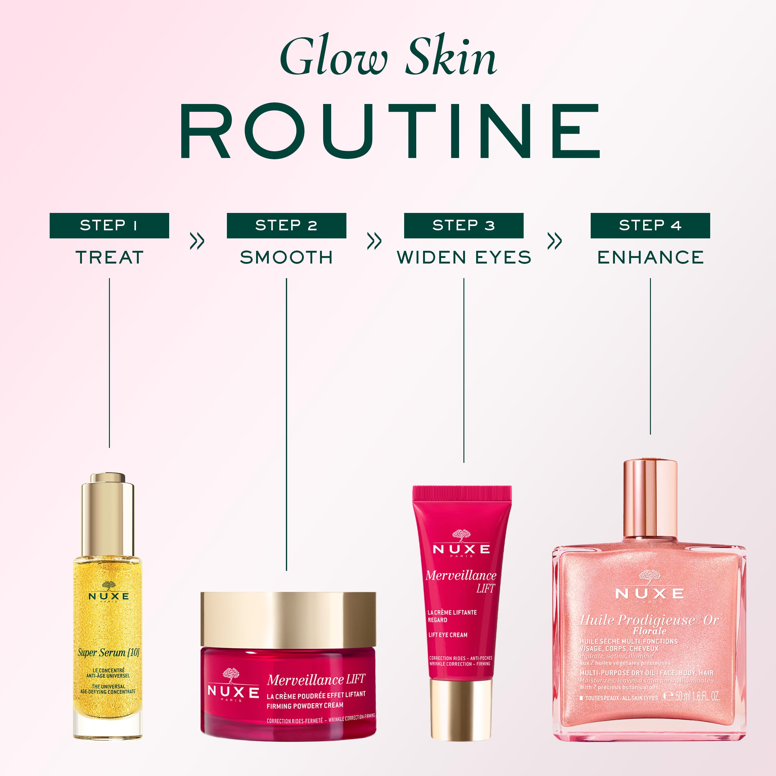 Nuxe Huile Prodigieuse Florale rose gold shimmer on shoulder for glow.
