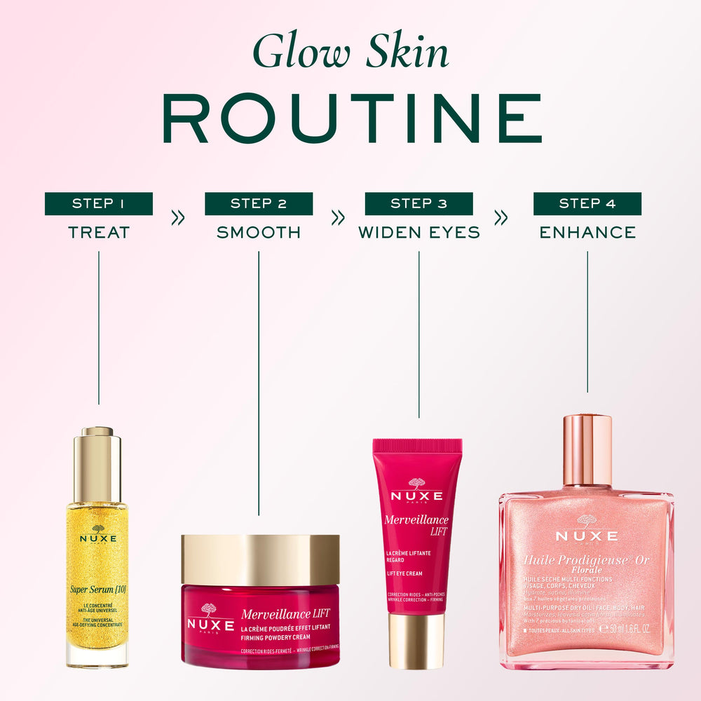 Nuxe Huile Prodigieuse Florale rose gold shimmer on shoulder for glow.