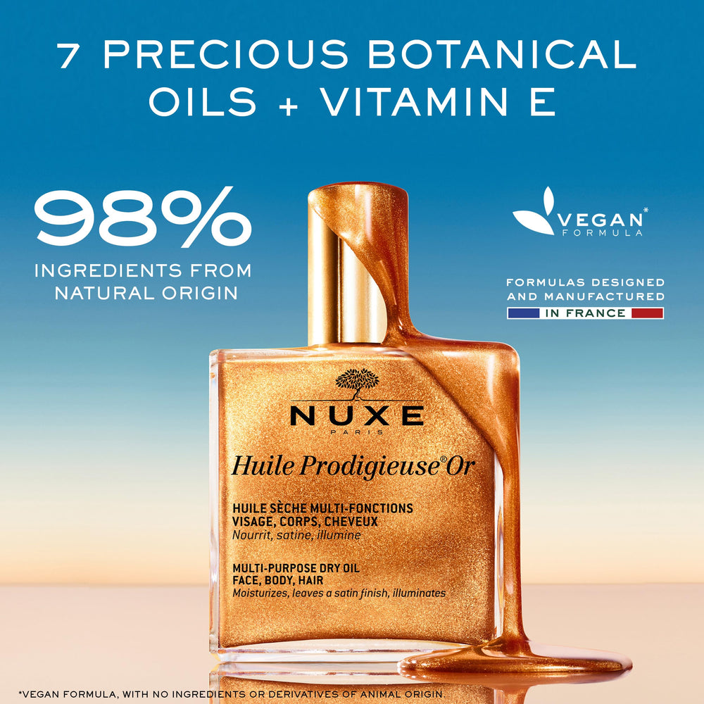 Nuxe Huile Prodigieuse Shimmer body application boosts radiance and silkiness.