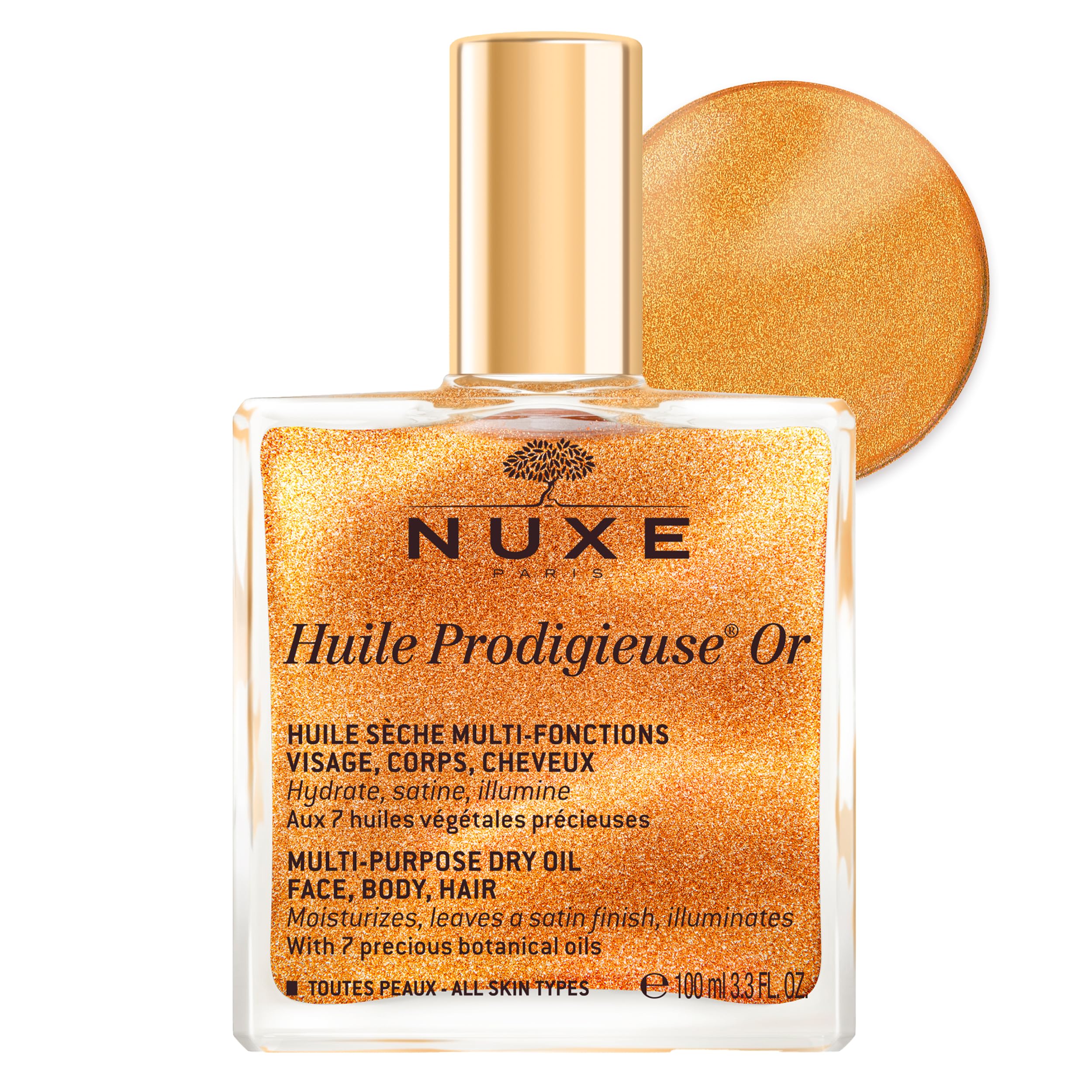 Nuxe Huile Prodigieuse Shimmer bottle pouring for instant glow and hydration.