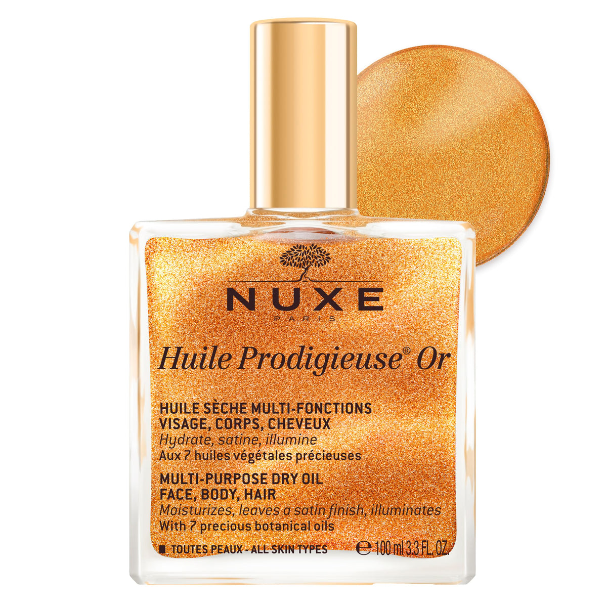 Nuxe Huile Prodigieuse Shimmer bottle pouring for instant glow and hydration.