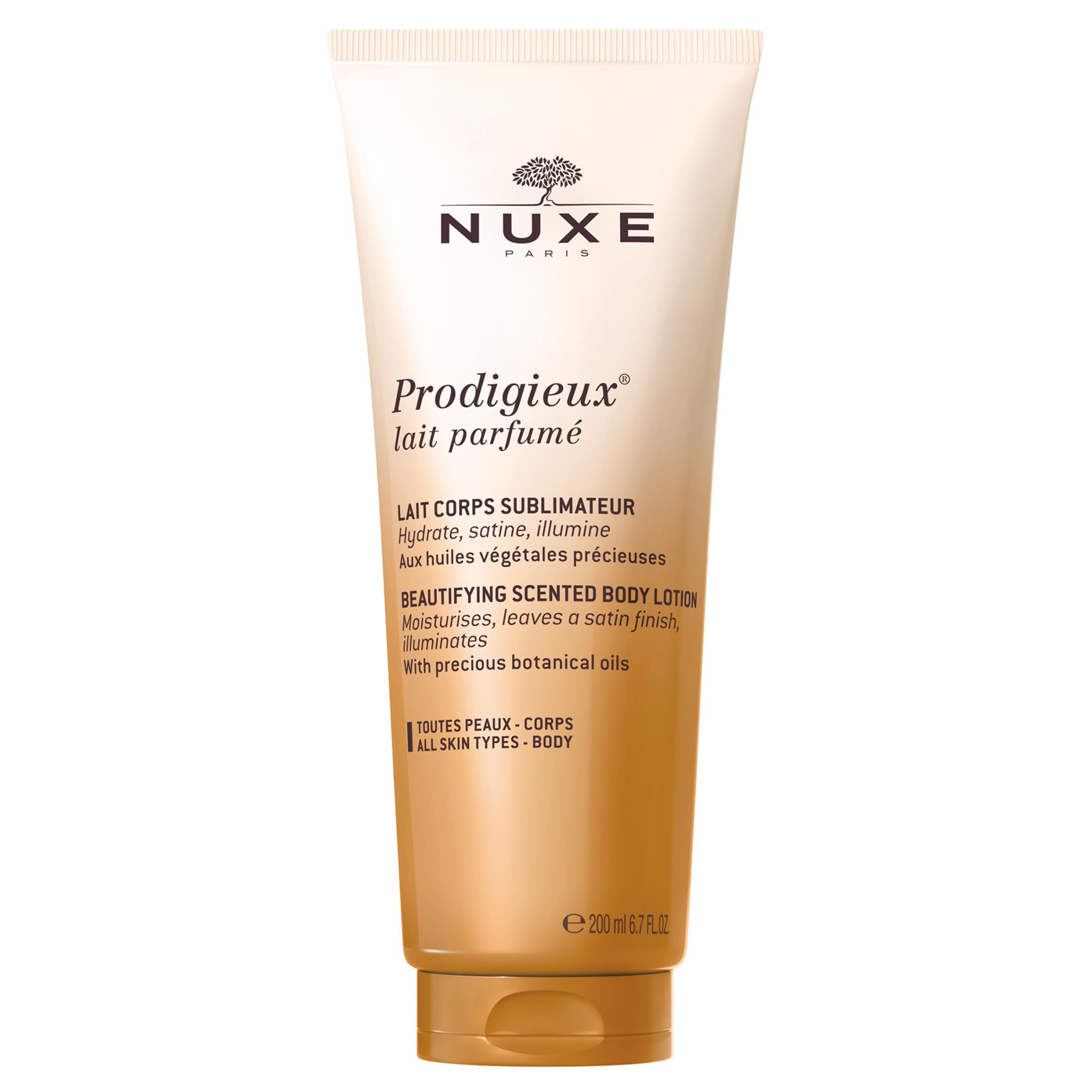 Nuxe Prodigieux beautifying lotion bottle showing silky finish and radiant hydration