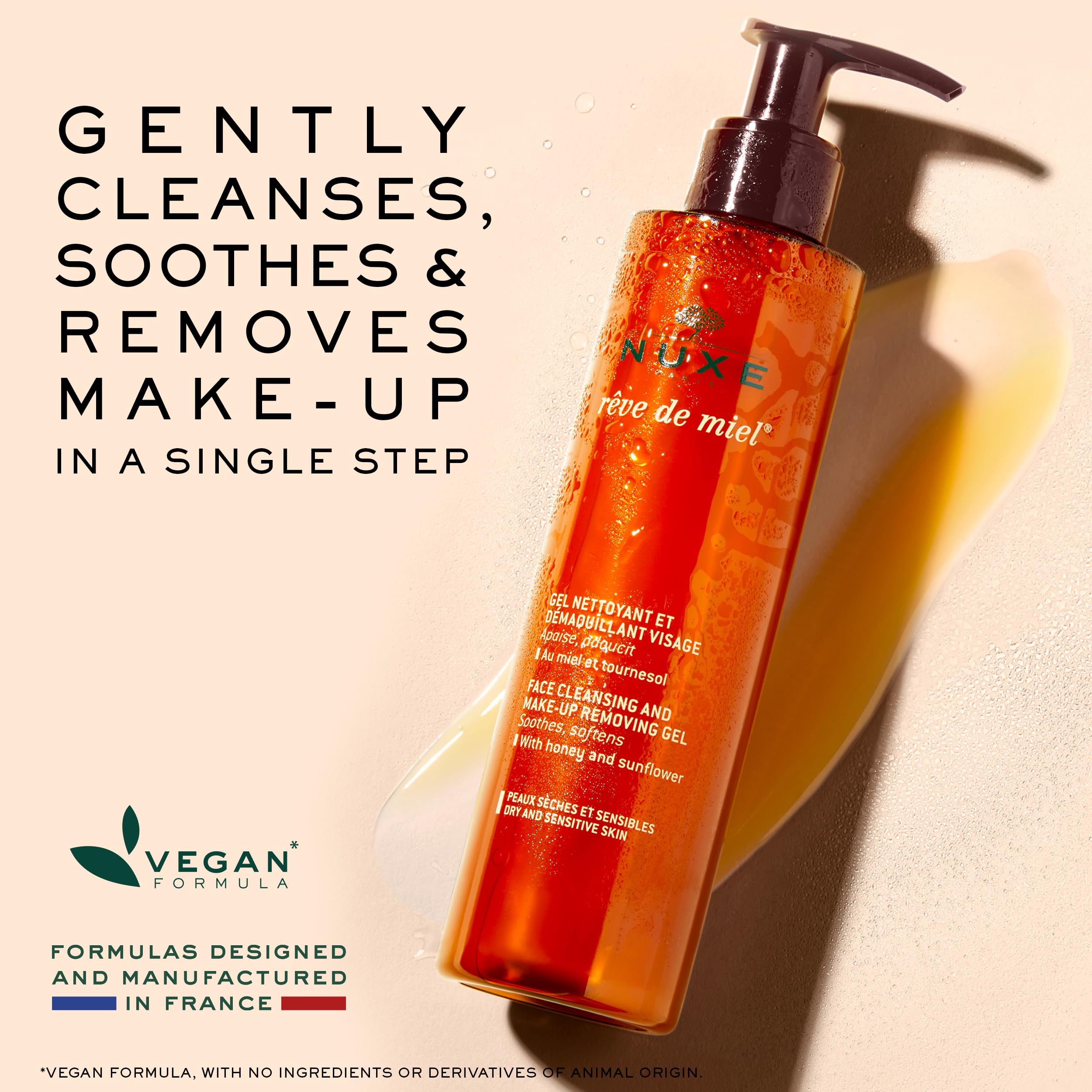 Nuxe Reve de Miel cleanser foamy texture close-up shows creamy soap-free care.
