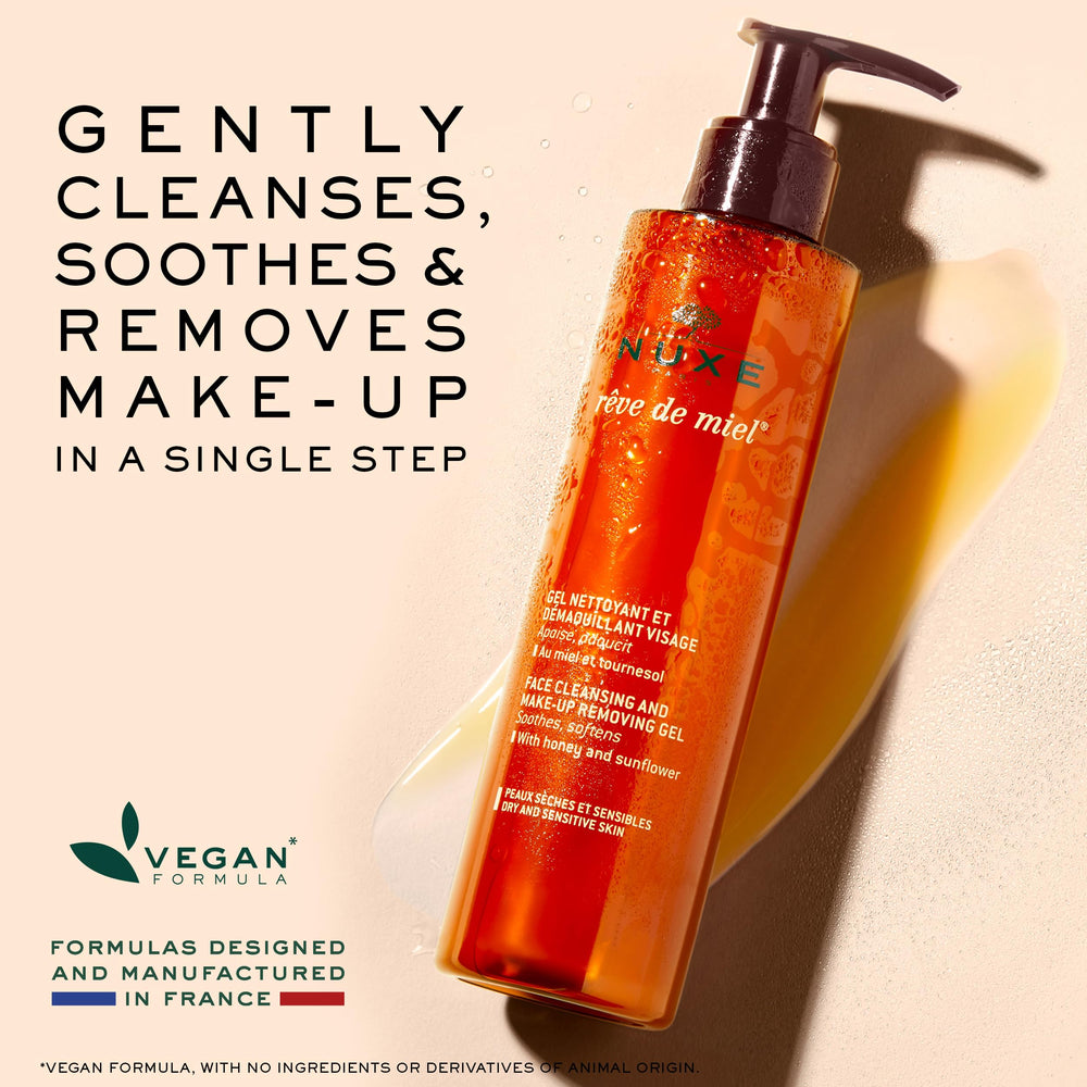 Nuxe Reve de Miel cleanser foamy texture close-up shows creamy soap-free care.