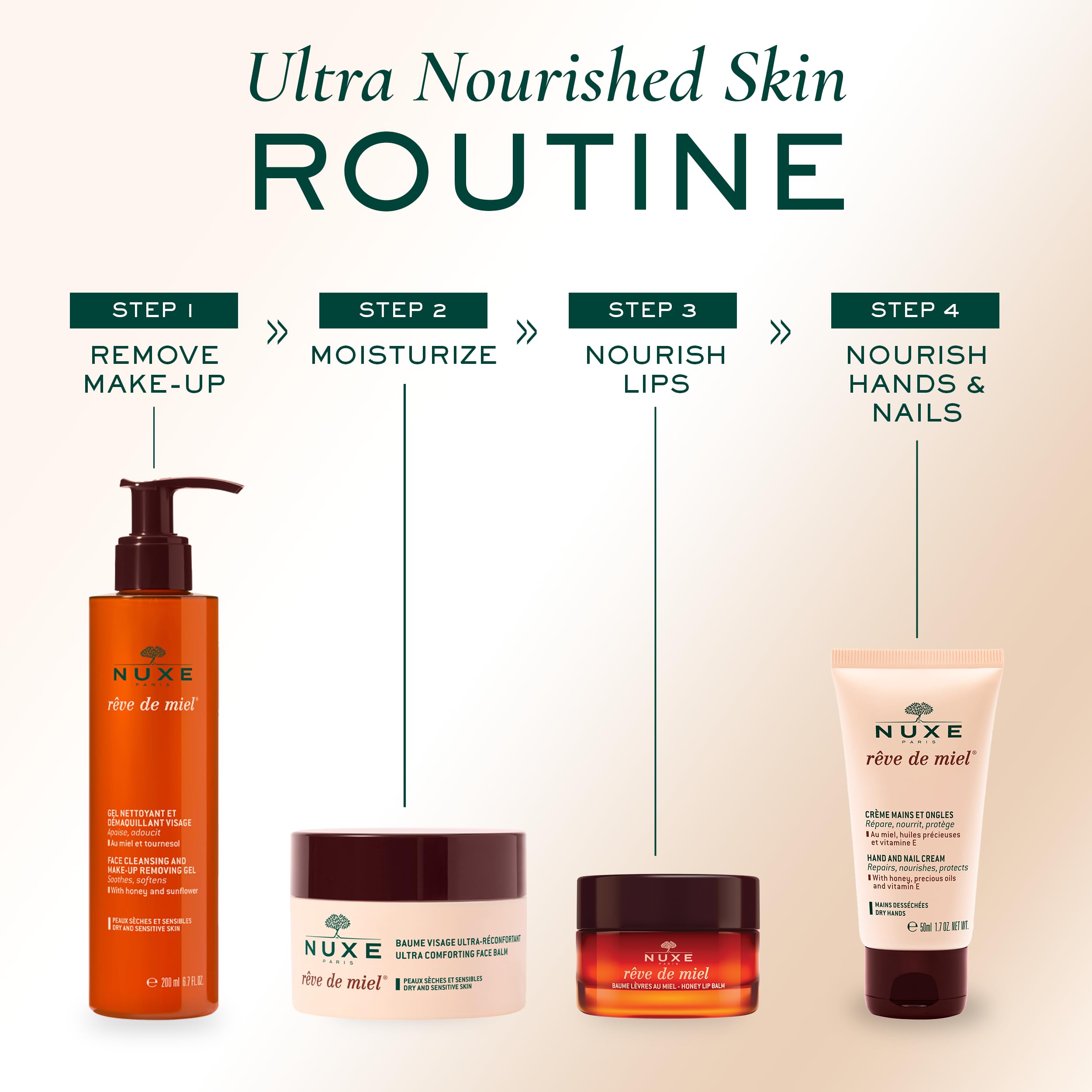 Nuxe Reve de Miel cleanser made in France signals premium botanical skincare.