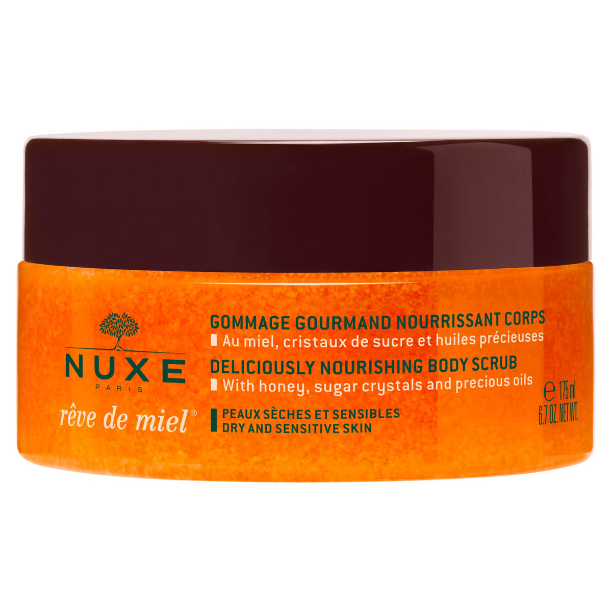 Nuxe Reve de Miel scrub packaging shows luxury exfoliator for dry skin.