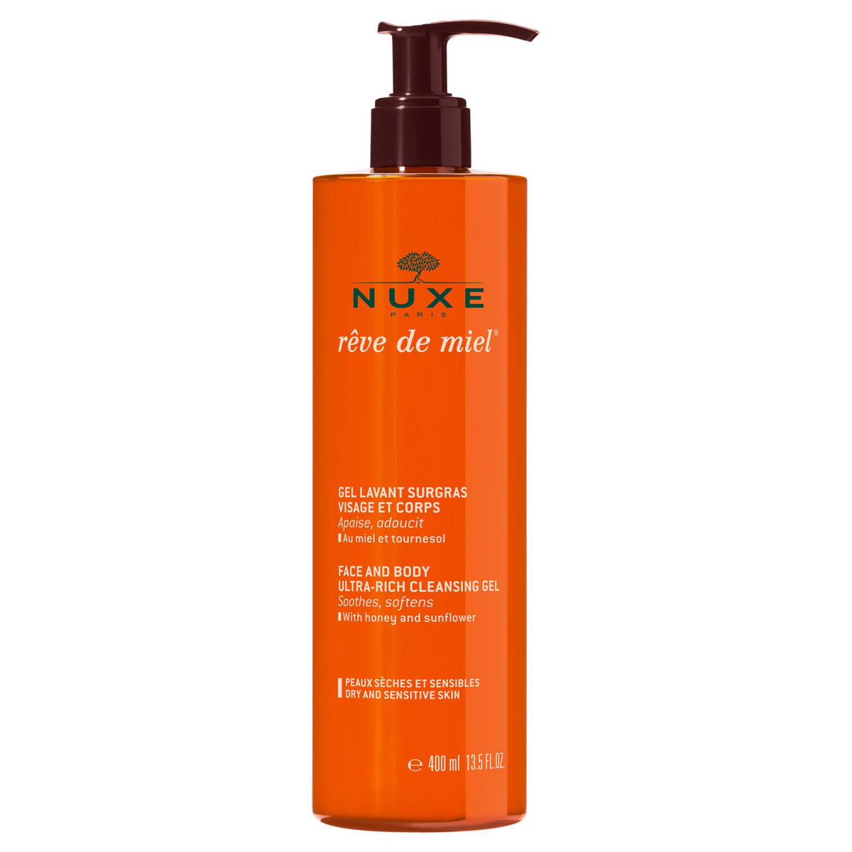 Nuxe Rêve de Miel ultra-rich body wash bottle with honey aroma for gentle cleansing on dry skin.
