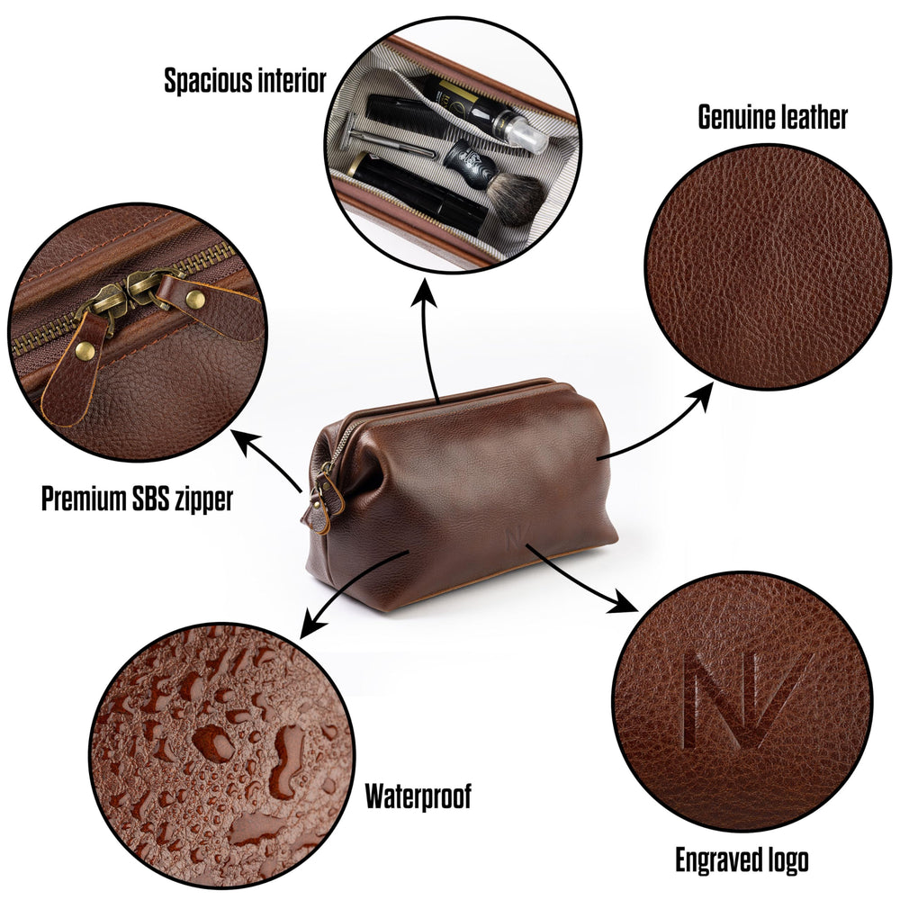 NV Holders premium leather toiletry bag front view brown showcases timeless travel style