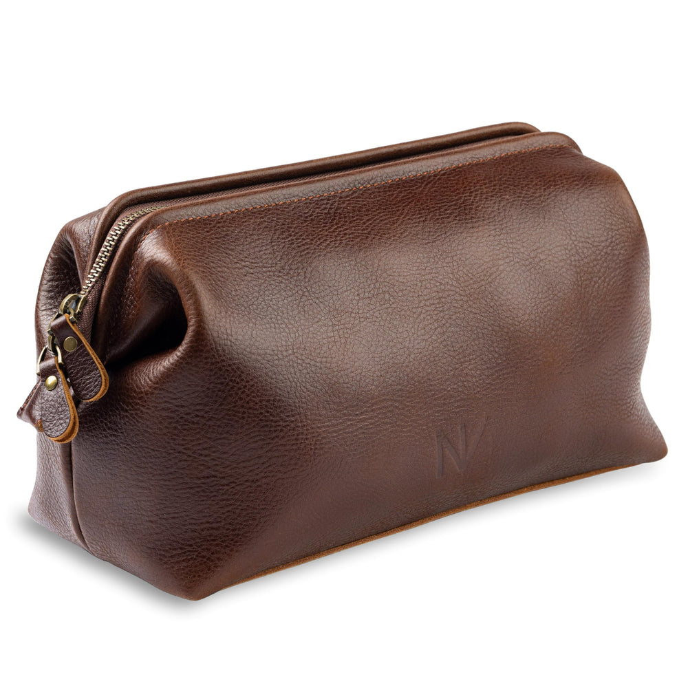 NV Holders premium leather toiletry bag open compartment for easy access to grooming essentials