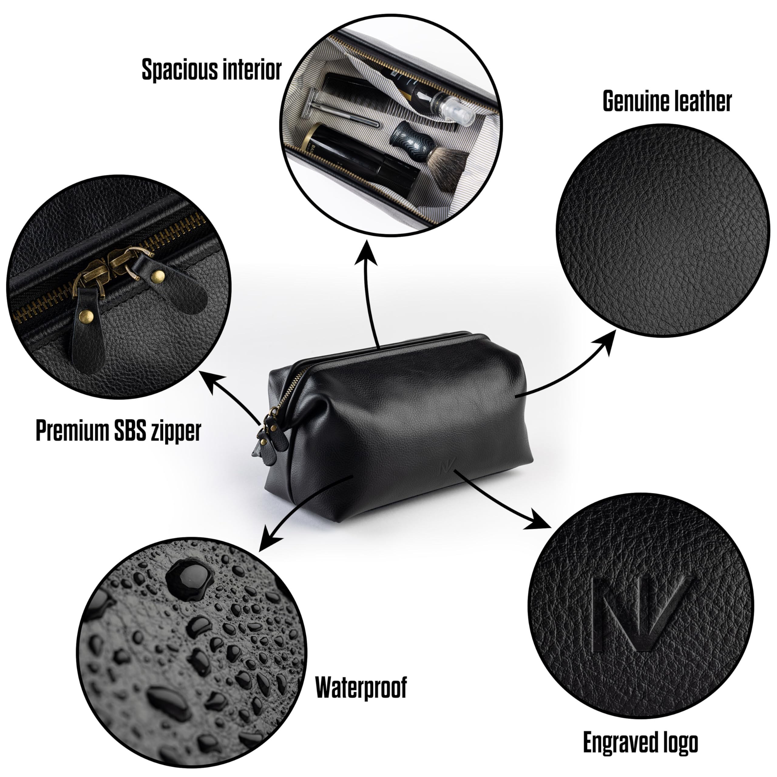 NV Holders premium leather toiletry bag open main compartment reveals spacious storage for grooming essentials.