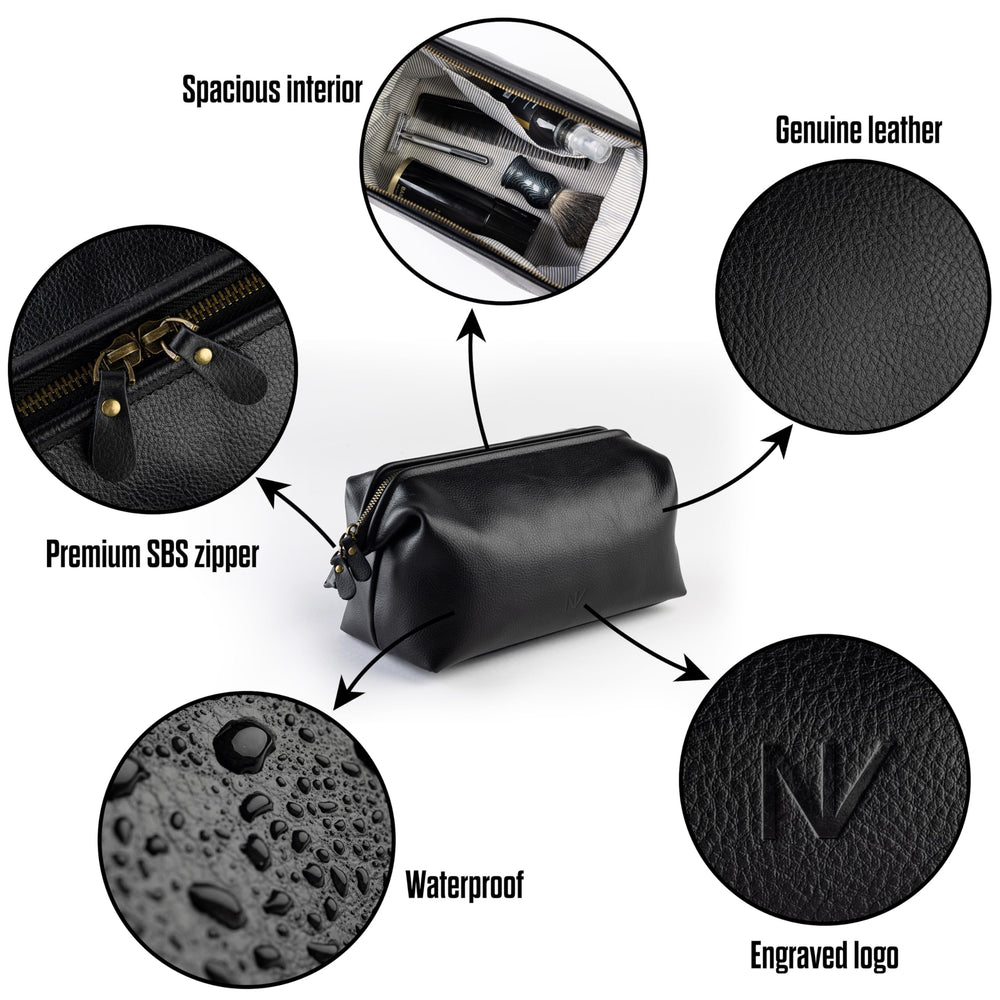 NV Holders premium leather toiletry bag open main compartment reveals spacious storage for grooming essentials.