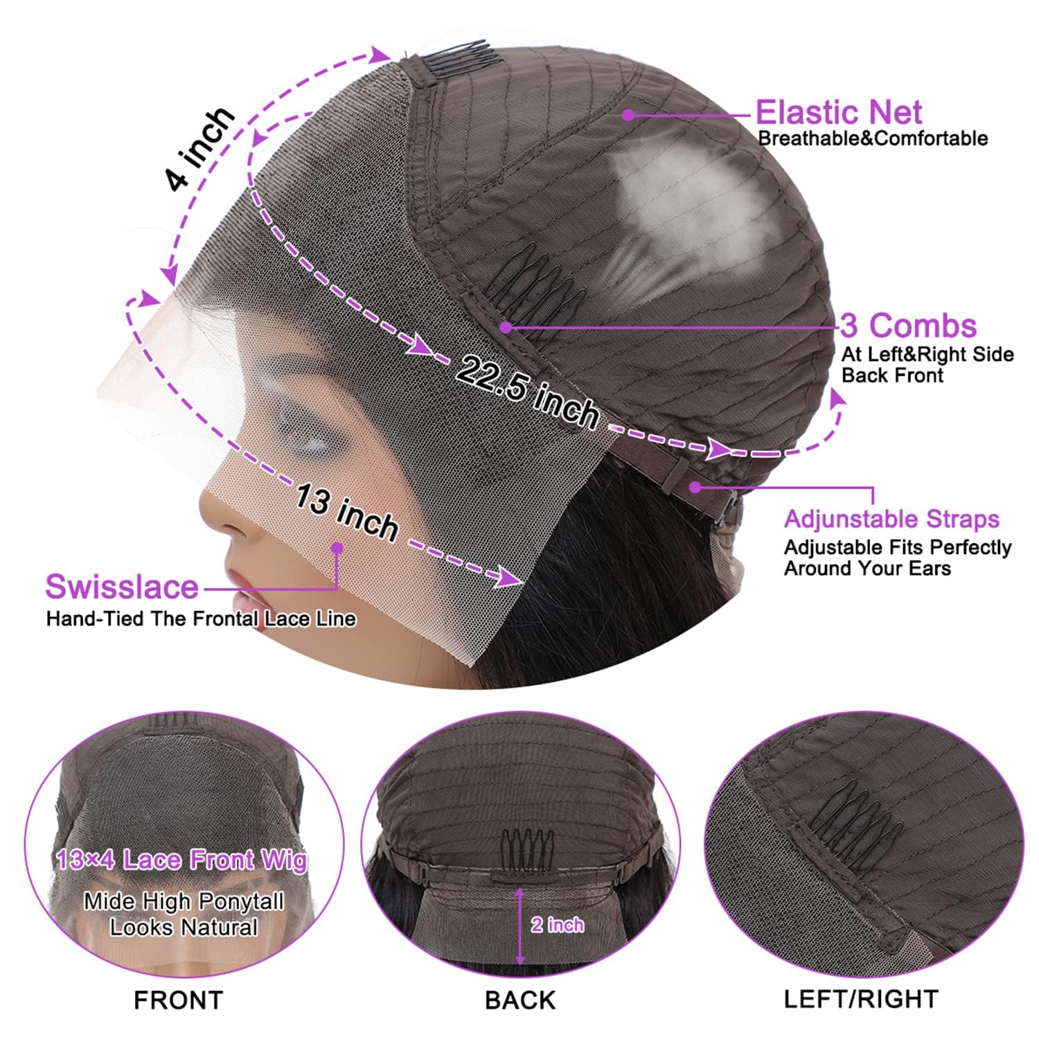 NVL 22in cap construction with four combs and adjustable straps for secure fit.