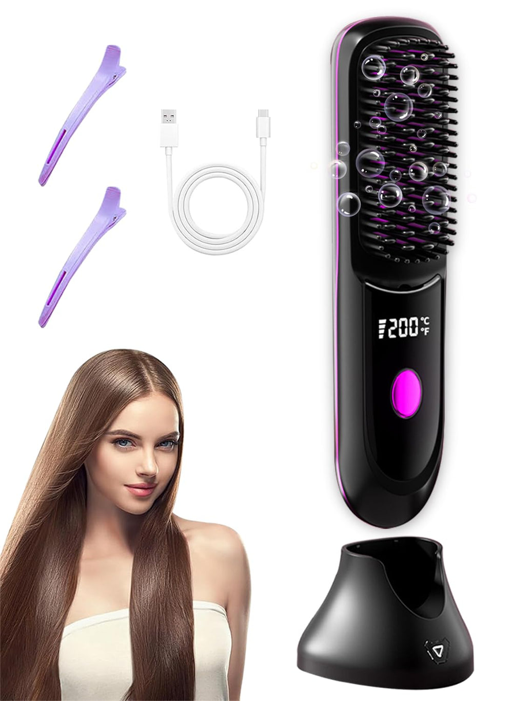 Nvnvske Go Brush Pro cordless front view shows travel-ready compact styling for on-the-go straightening