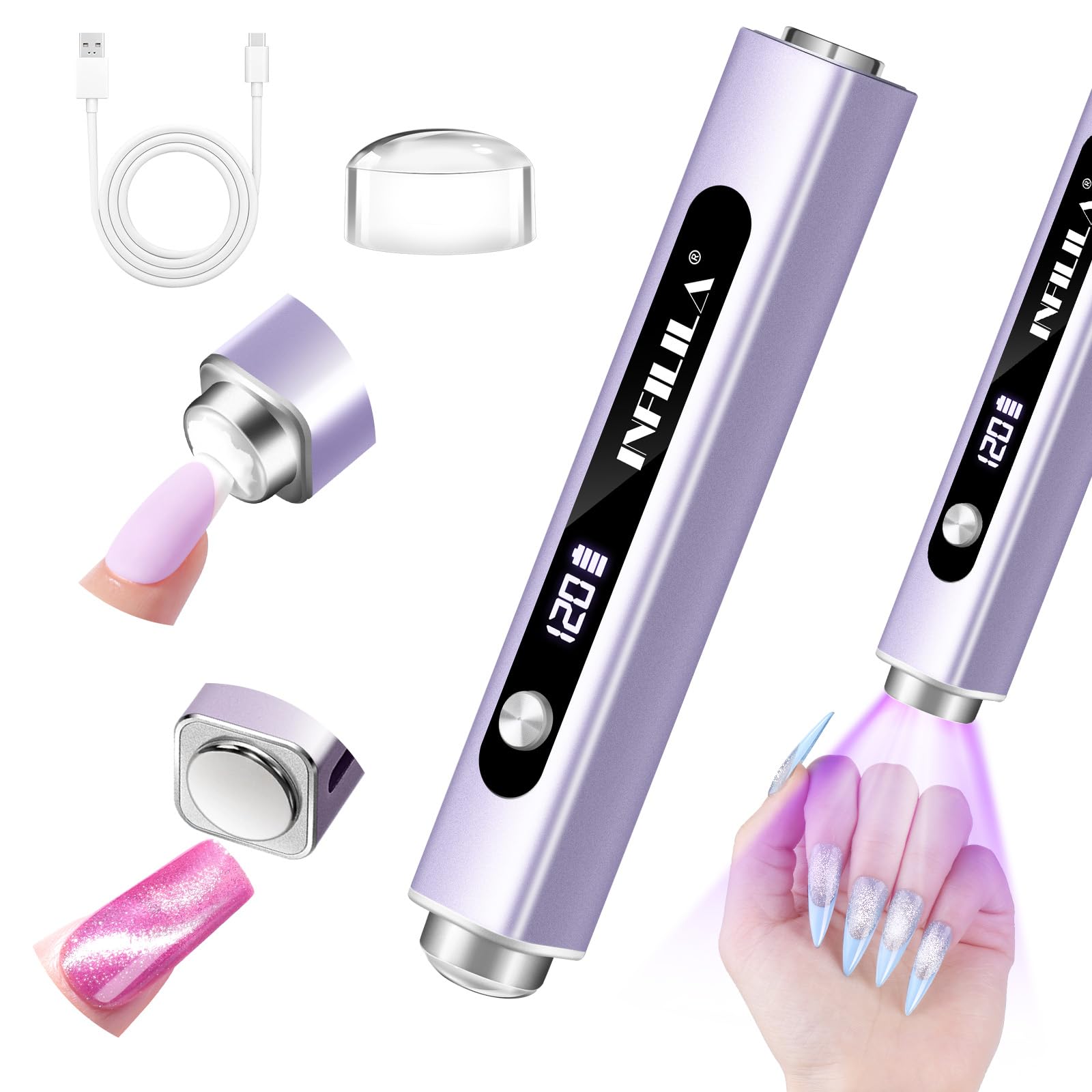 NXJ INFILILA handheld UV light front view enables fast gel curing and travel use.