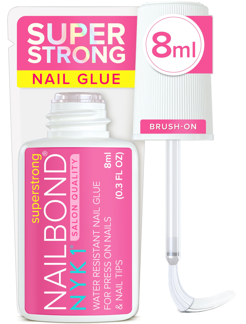 NYK1 NailBond bottle closeup highlighting precise, quick-dry nail adhesion.