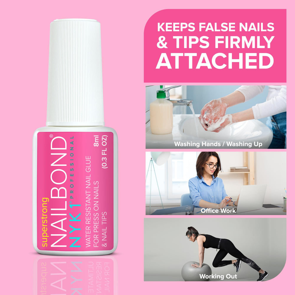 NYK1 NailBond water-resistant formula endures moisture exposure.