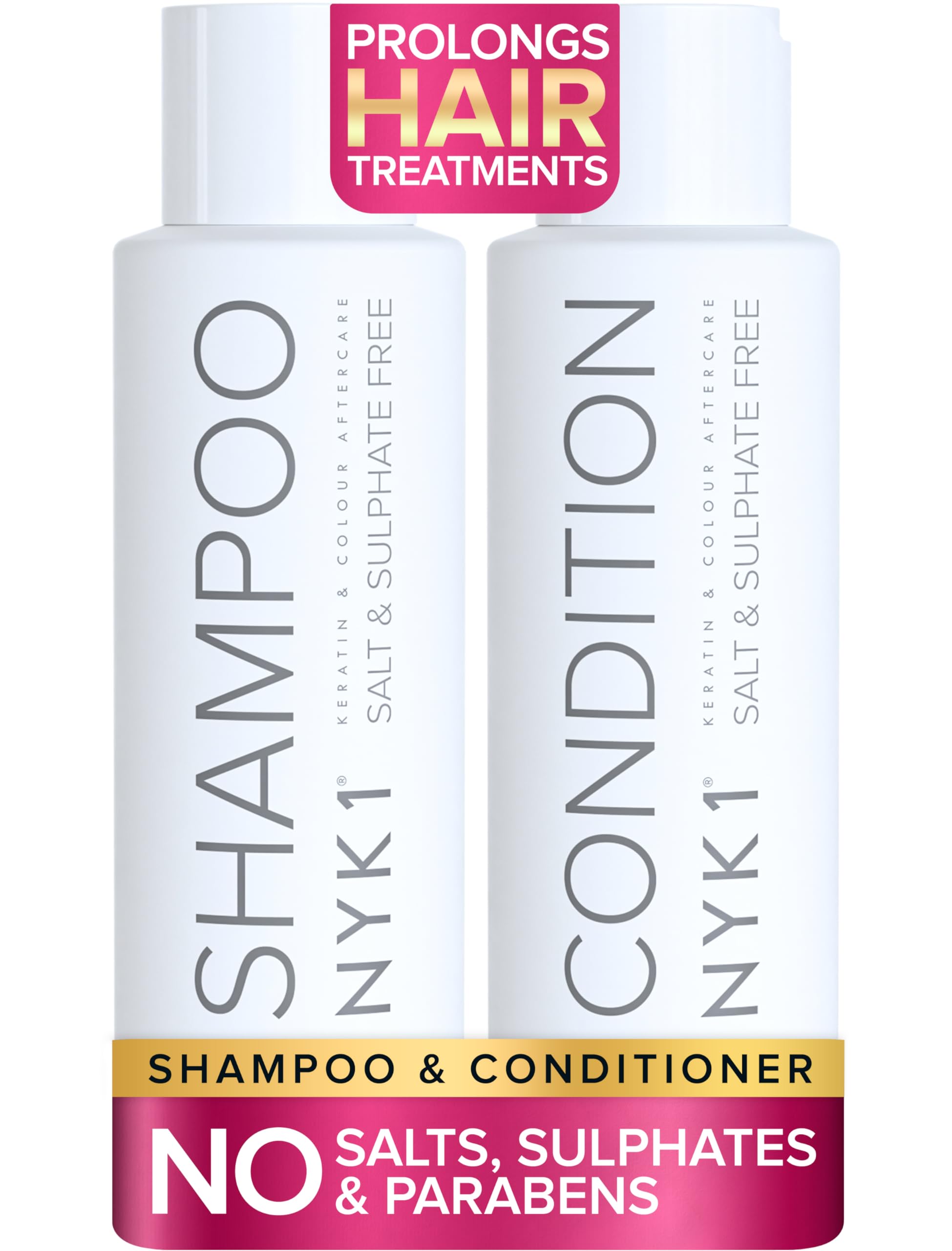 NYK1 salt-sulfate-free shampoo bottle; gentle cleansing supports color-treated hair longevity