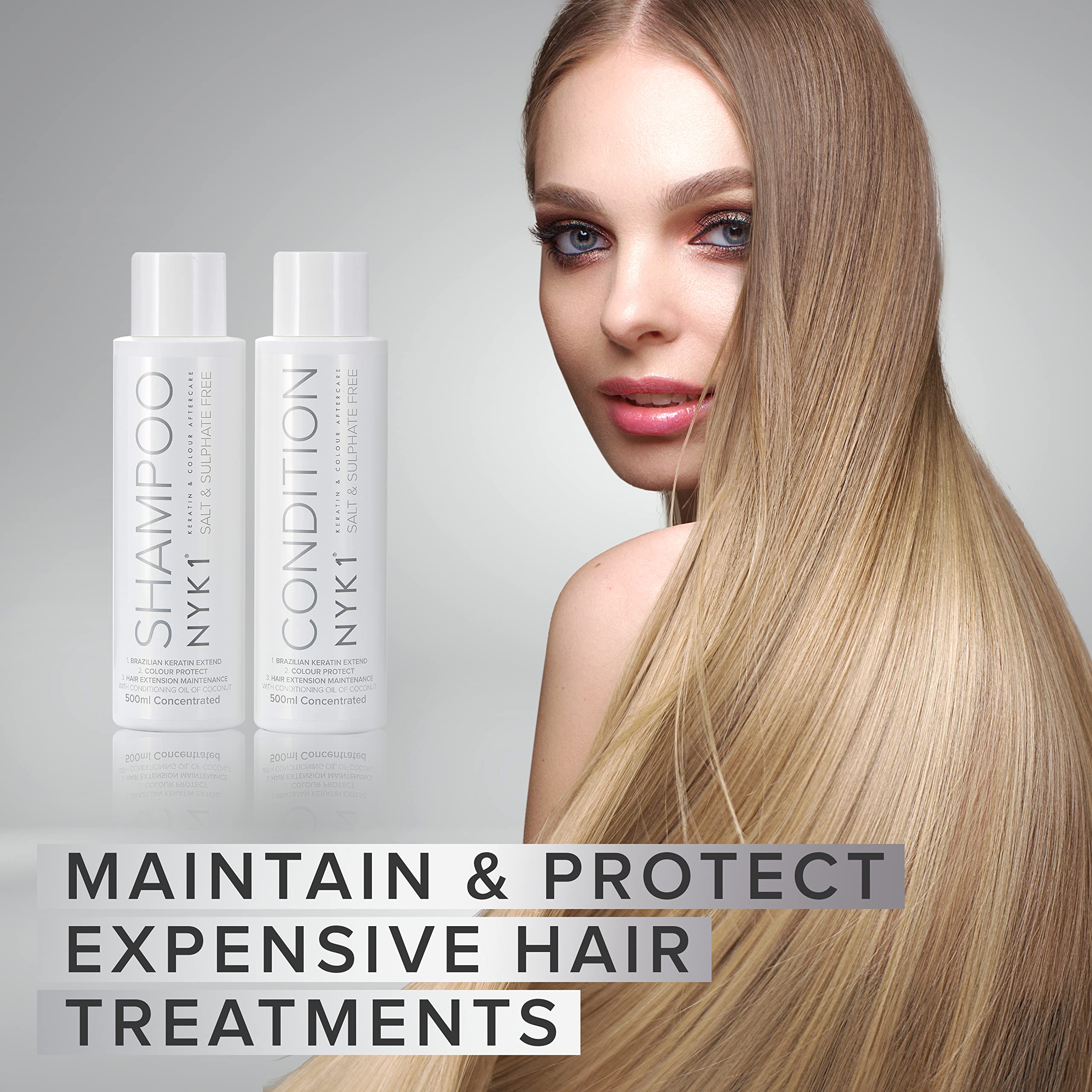 NYK1 sulfate-free conditioner bottle; creamy formula preserves bonds in color-treated hair