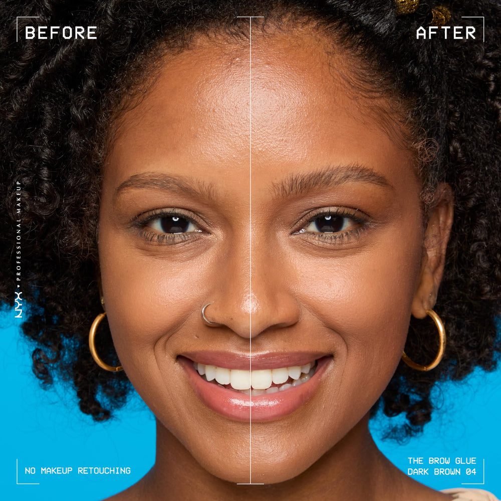 NYX PROFESSIONAL MAKEUP before and after brows showing transformed, tamed eyebrow shape