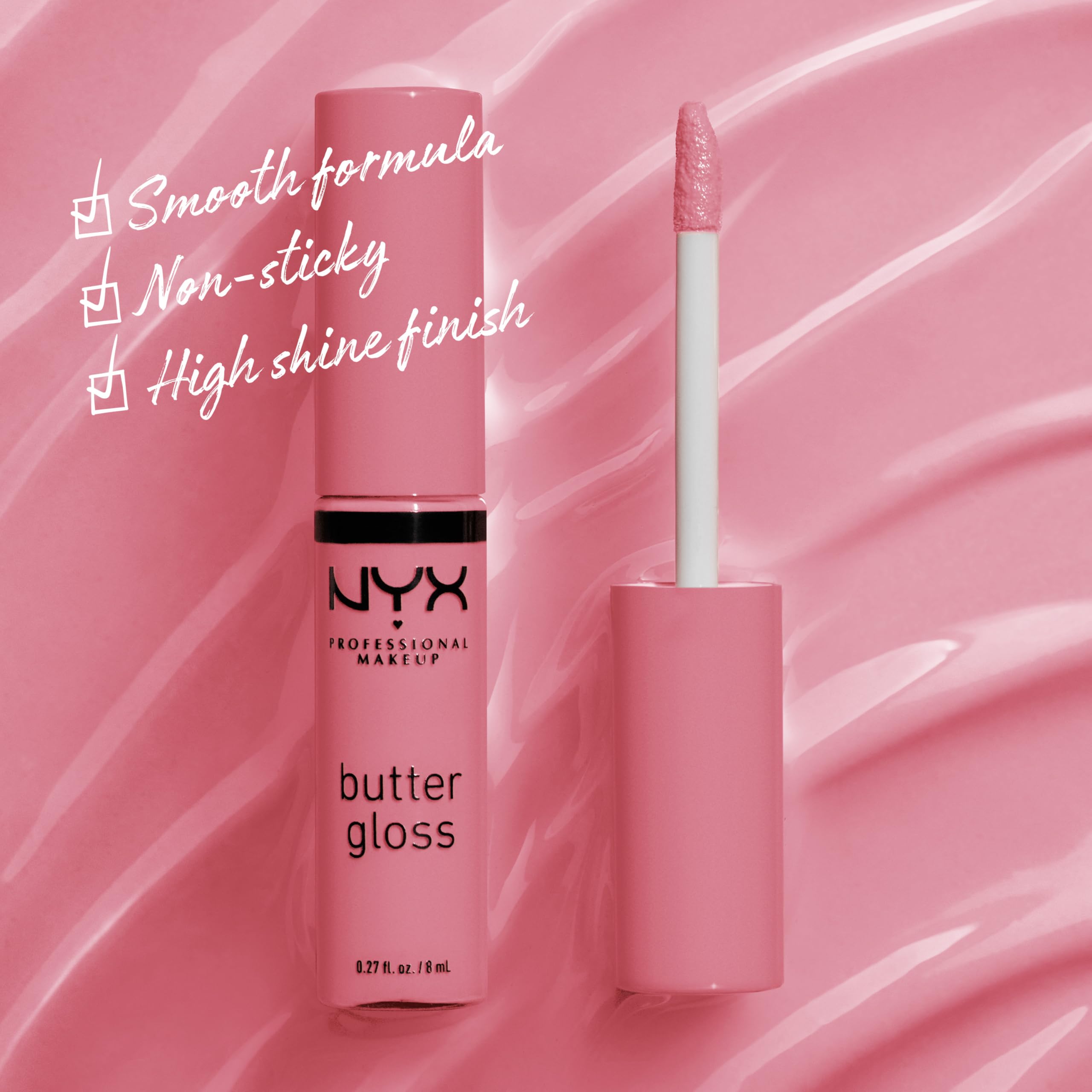 NYX Butter Gloss Angel Food Cake swatch reveals versatile mauve tone for day-to-night looks
