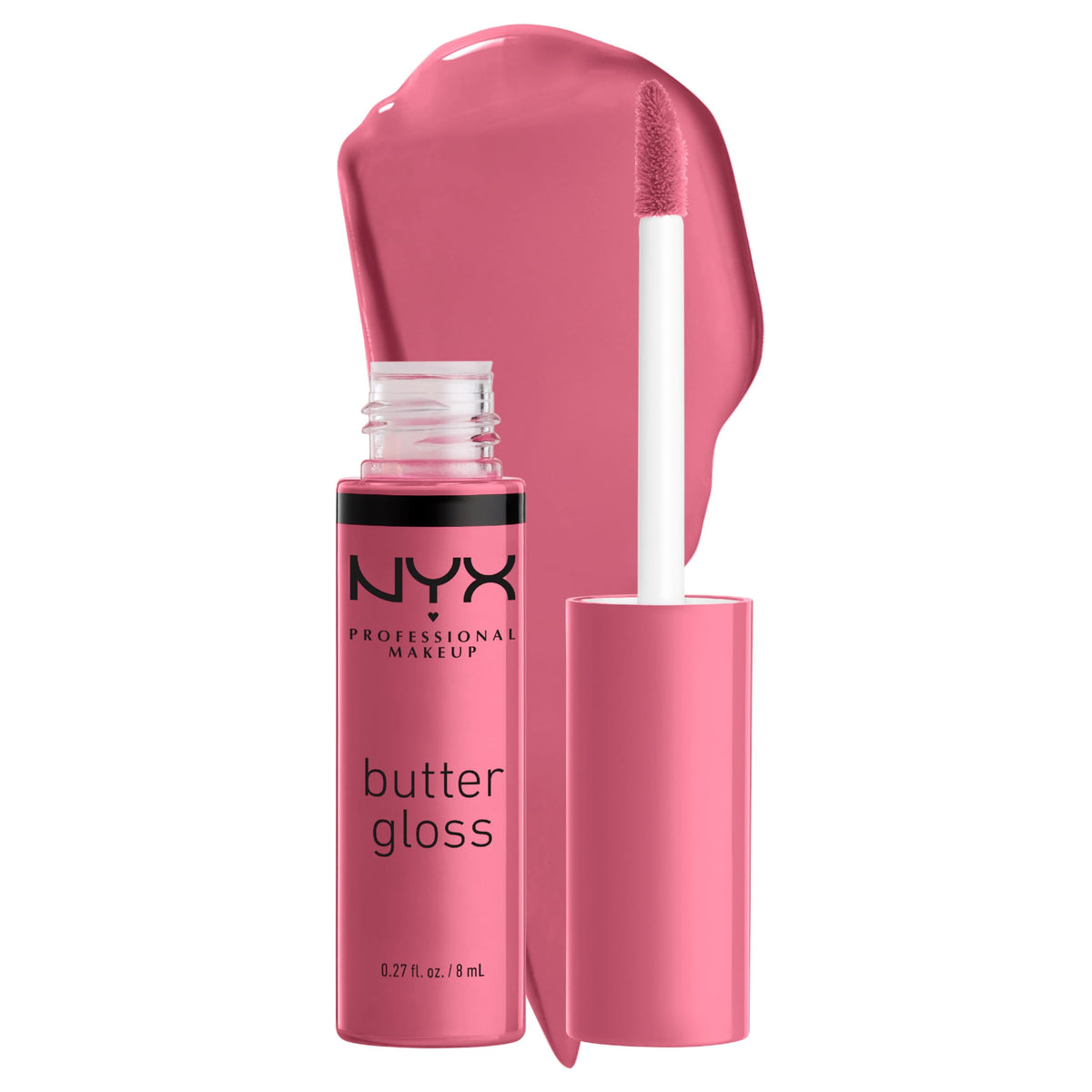 NYX Butter Gloss Angel Food Cake wand application shows silky glide for effortless lips