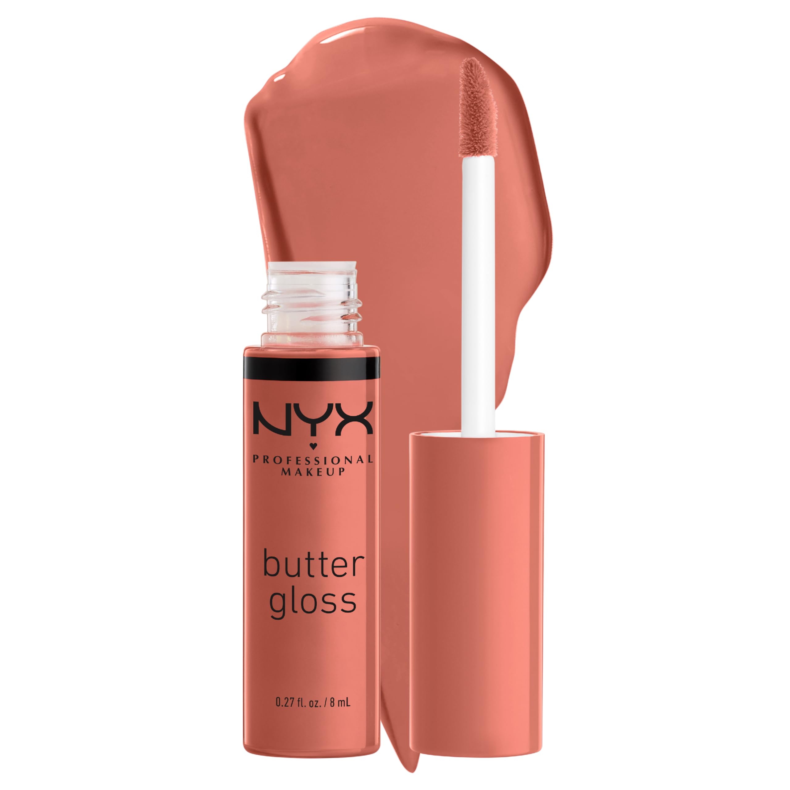 NYX Butter Gloss Bit Of Honey bottle-pour reveals peach nude shine.
