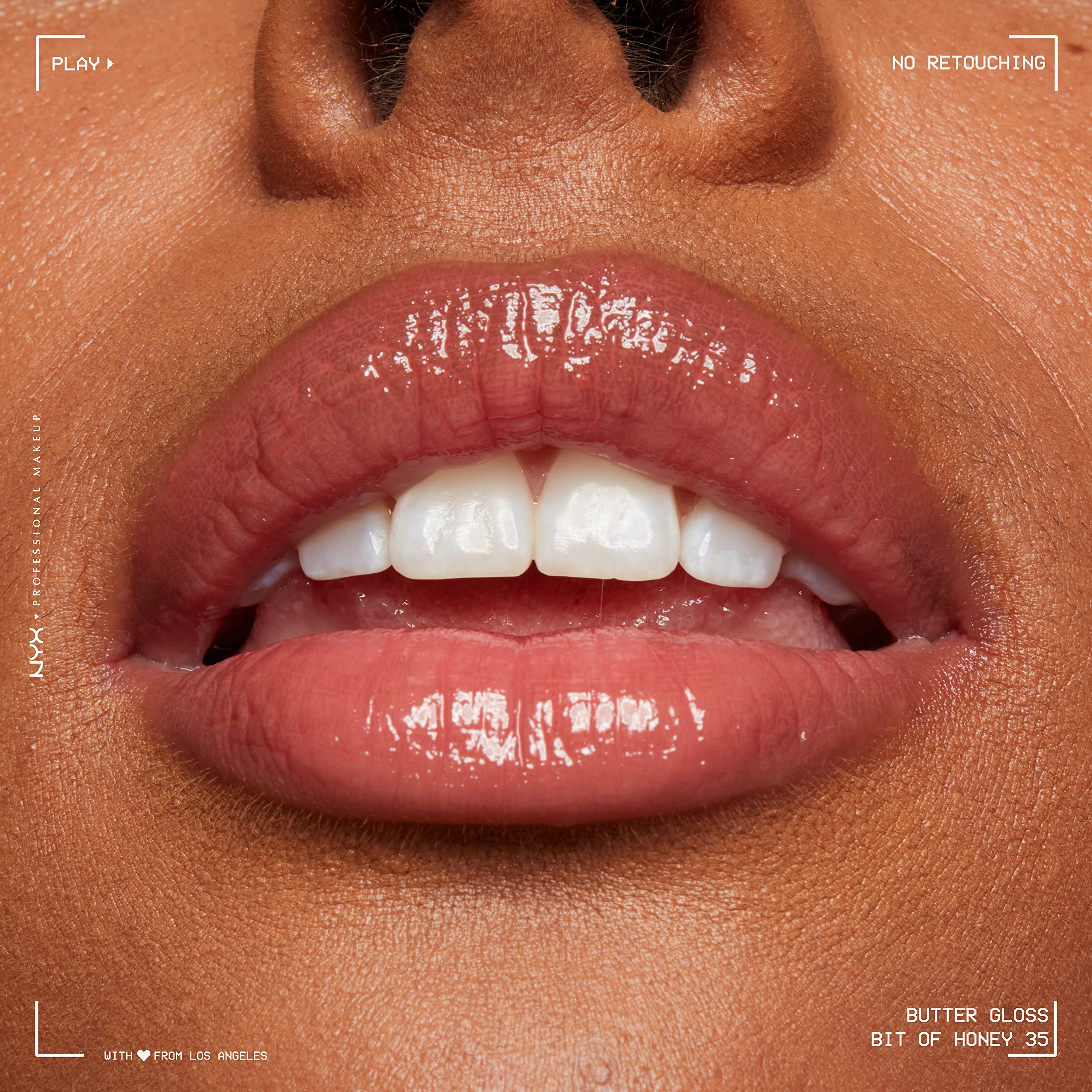 NYX Butter Gloss Bit Of Honey peach-nude shade complements daily looks.