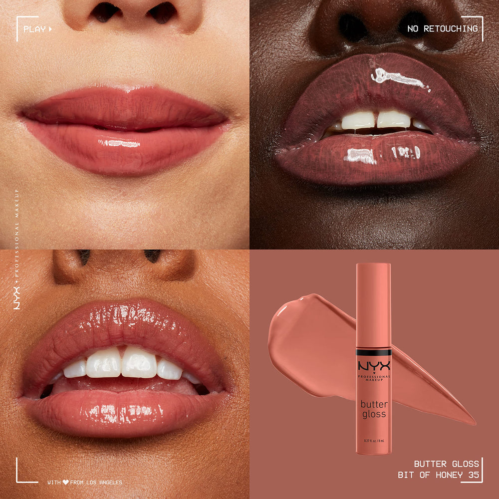 NYX Butter Gloss Bit Of Honey wear-on-lips adds glossy hydration.