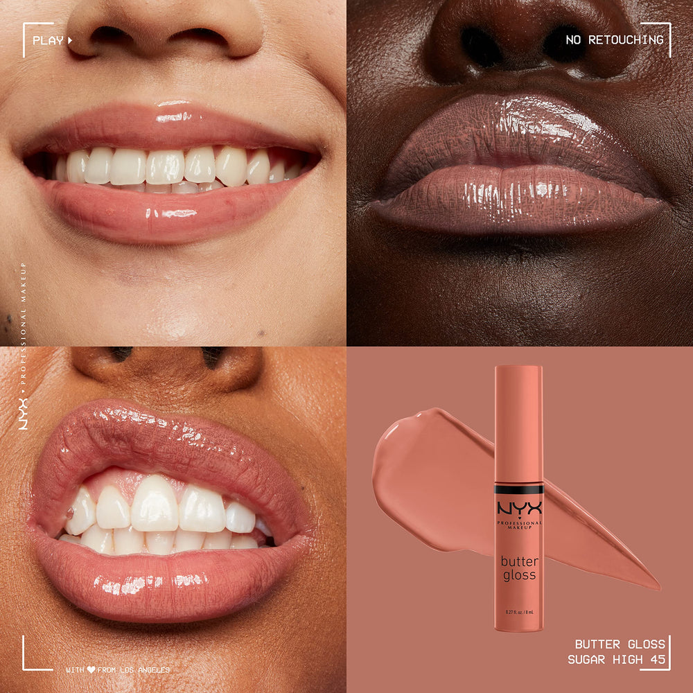 NYX Butter Gloss Brown Sugar bottle close-up highlights non-sticky gloss finish