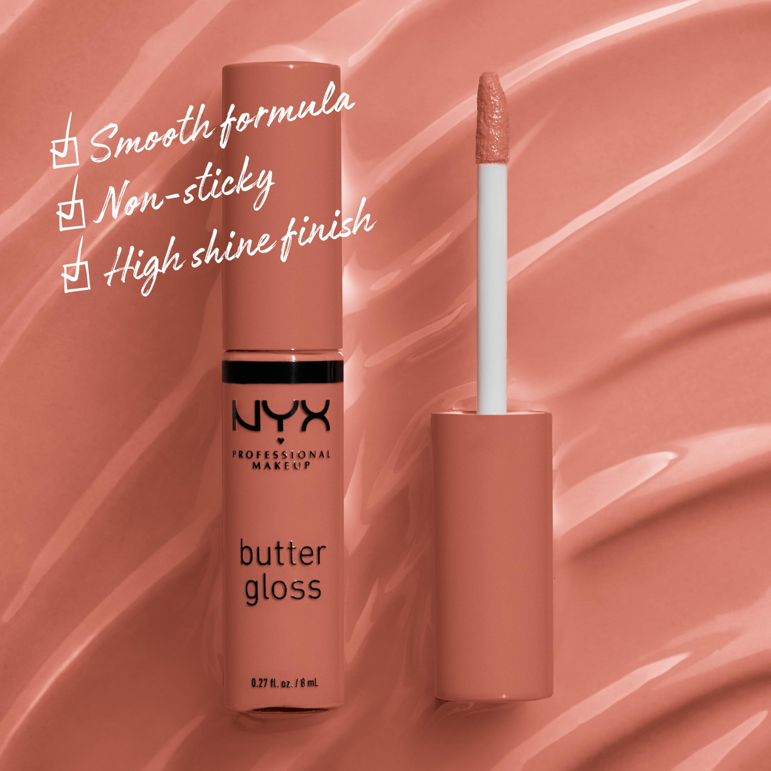 NYX Butter Gloss Brown Sugar close-up reveals creamy texture for buttery shine