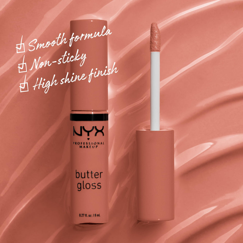 NYX Butter Gloss Brown Sugar close-up reveals creamy texture for buttery shine