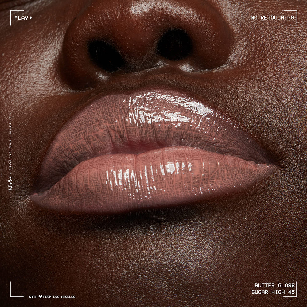 NYX Butter Gloss Brown Sugar cruelty-free logo close-up emphasizes ethical beauty