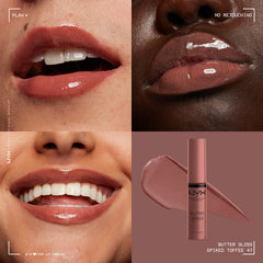 NYX Butter Gloss Brown Sugar close-up texture highlights buttery softness and even coverage.