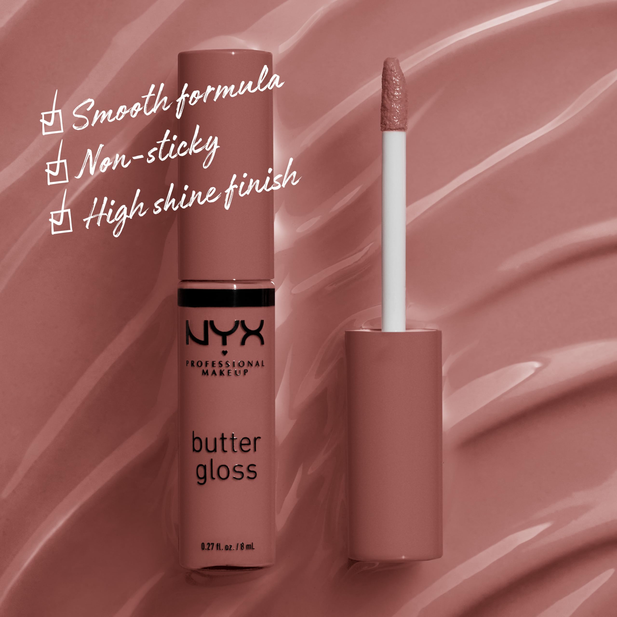NYX Butter Gloss application on lips shows non-sticky shine and smooth comfort.