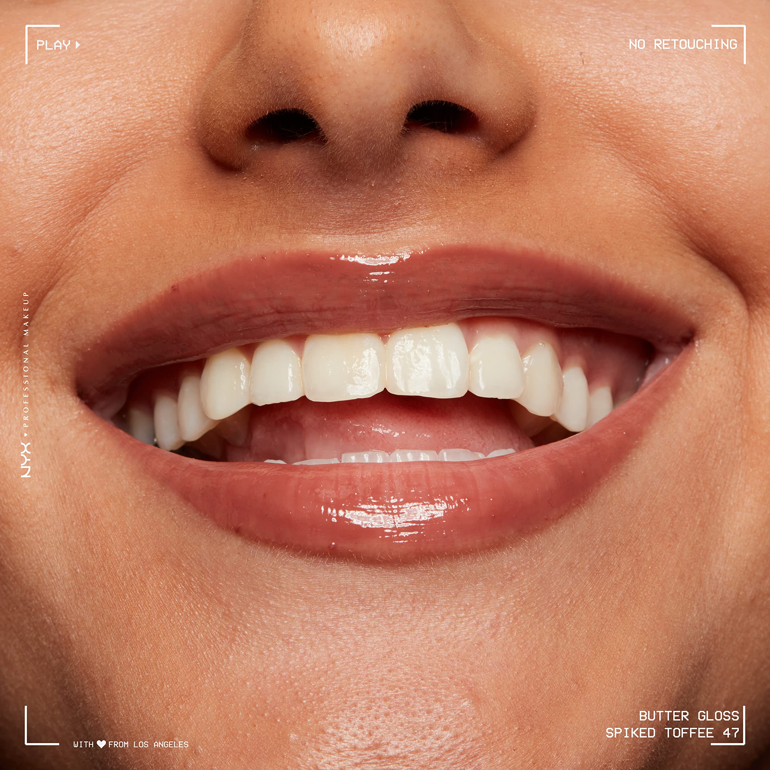 NYX Butter Gloss Brown Sugar swatch and lip mood for warm brown mauve appeal.
