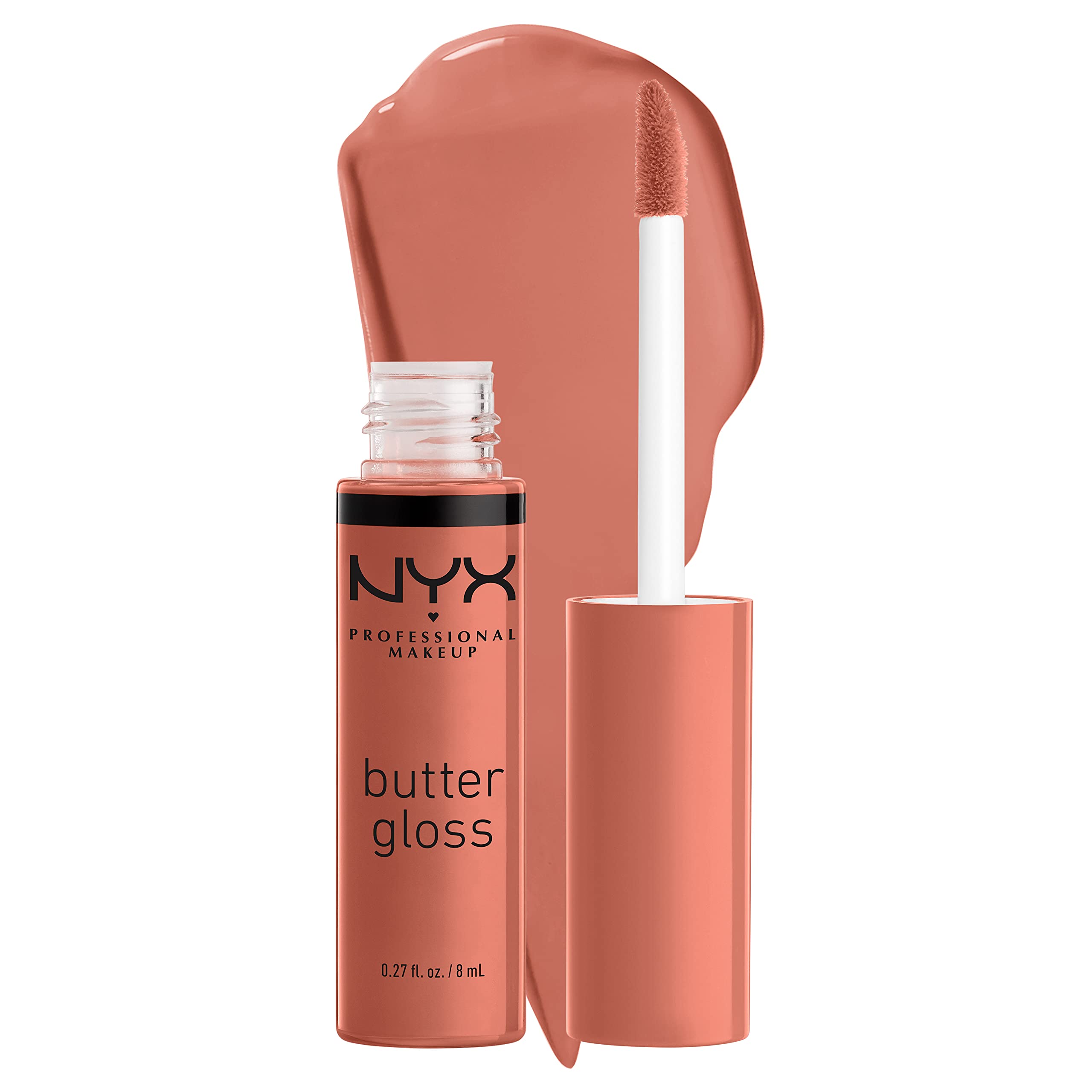 NYX Butter Gloss Brown Sugar swatch collection shows peachy nude shade for flattering lips