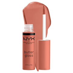 NYX Butter Gloss Brown Sugar swatch collection shows peachy nude shade for flattering lips