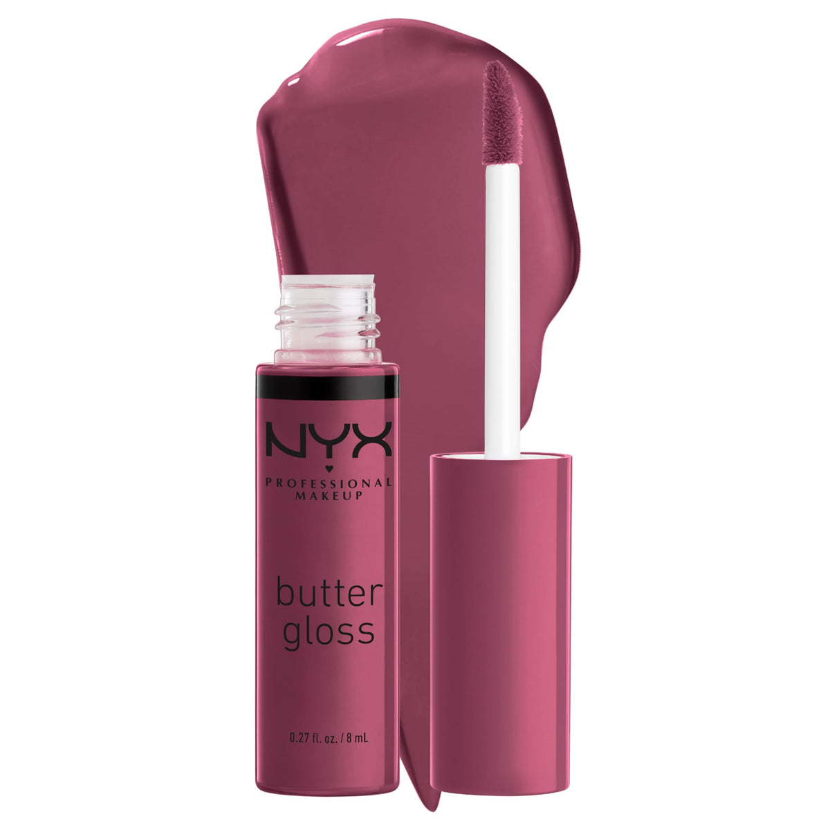 NYX Butter Gloss Cranberry Pie swatch shows mauve purple shine for natural-to-glam lips