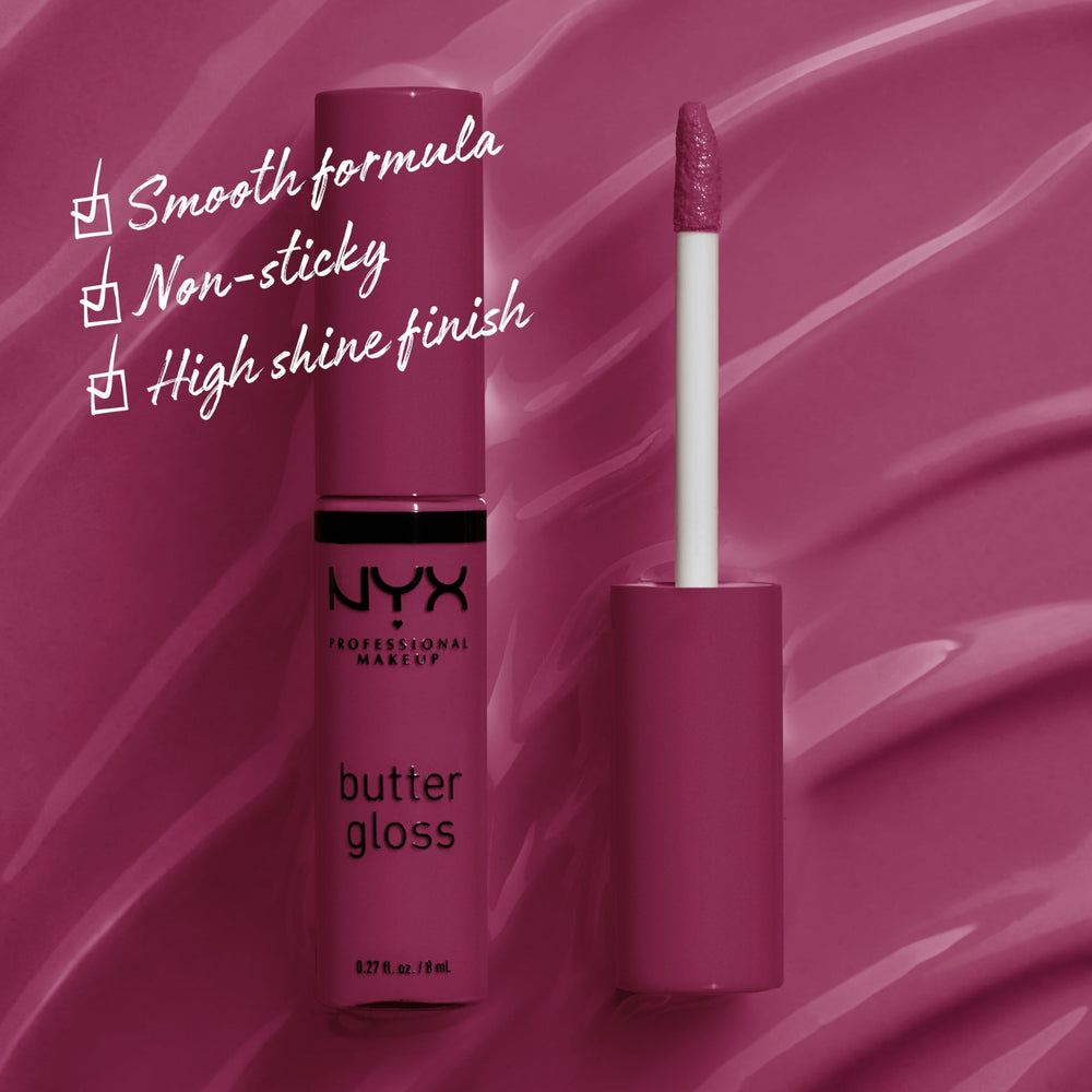 NYX Butter Gloss Cranberry Pie tube close-up highlights creamy texture and gleaming finish