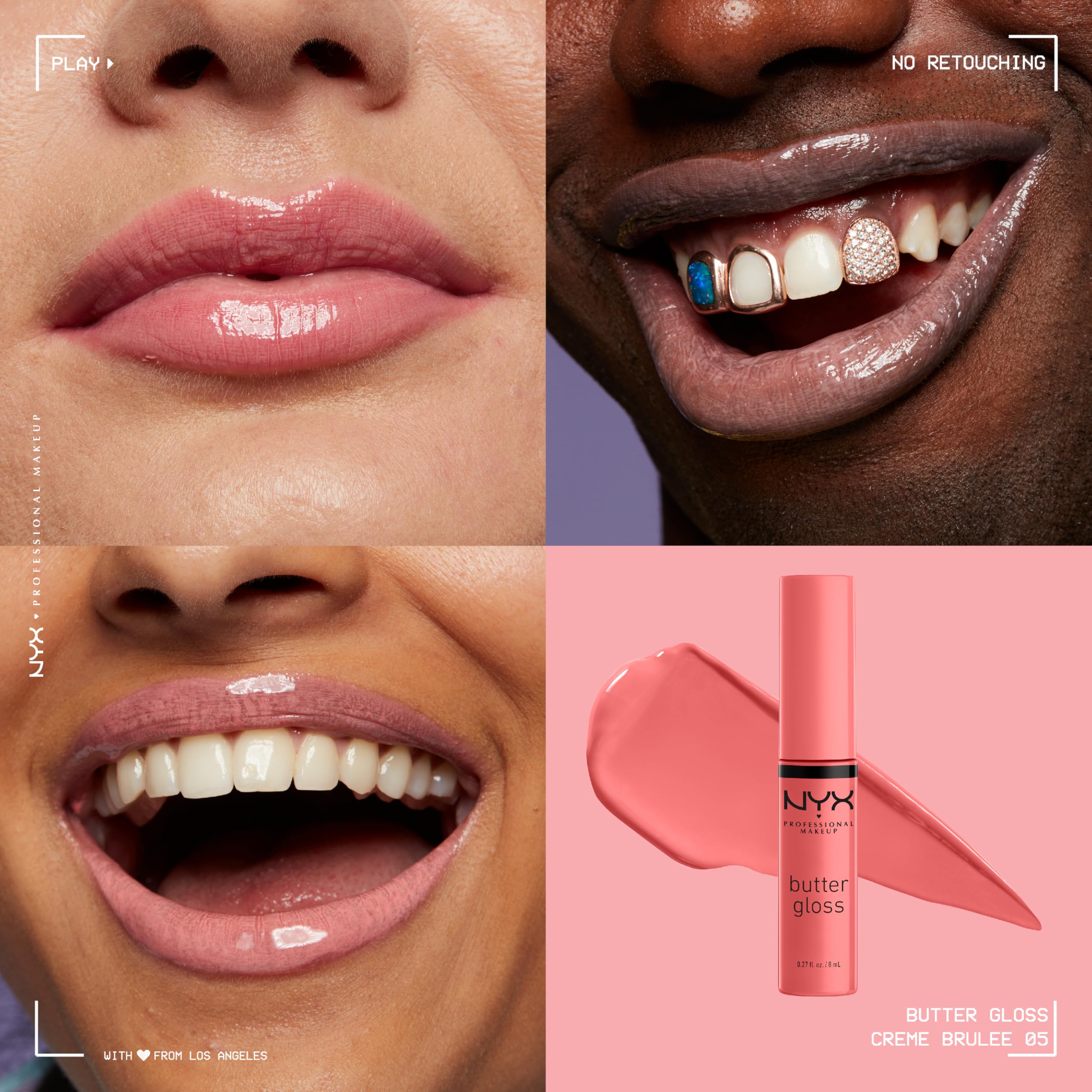NYX PROFESSIONAL MAKEUP Butter Gloss Creme Brulee close-up wet sheen shows silky texture.