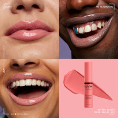 NYX PROFESSIONAL MAKEUP Butter Gloss Creme Brulee close-up wet sheen shows silky texture.