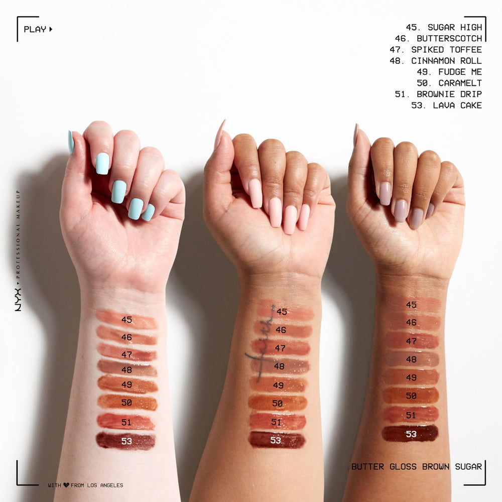NYX PROFESSIONAL MAKEUP Butter Gloss Creme Brulee Tiramisu shade for brown lip gloss finish.