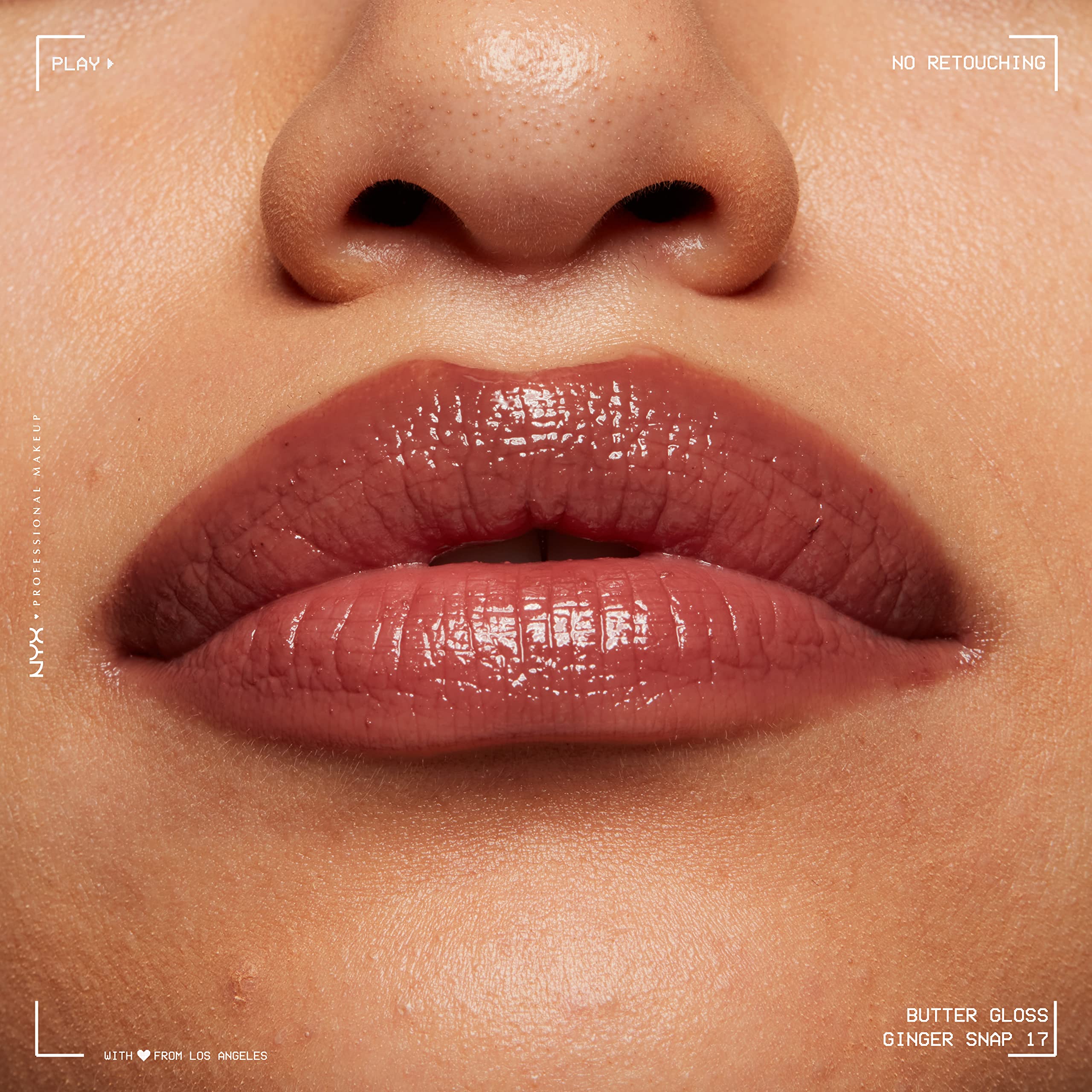 NYX Butter Gloss Ginger Snap glossy finish captures high-shine lips without stickiness.