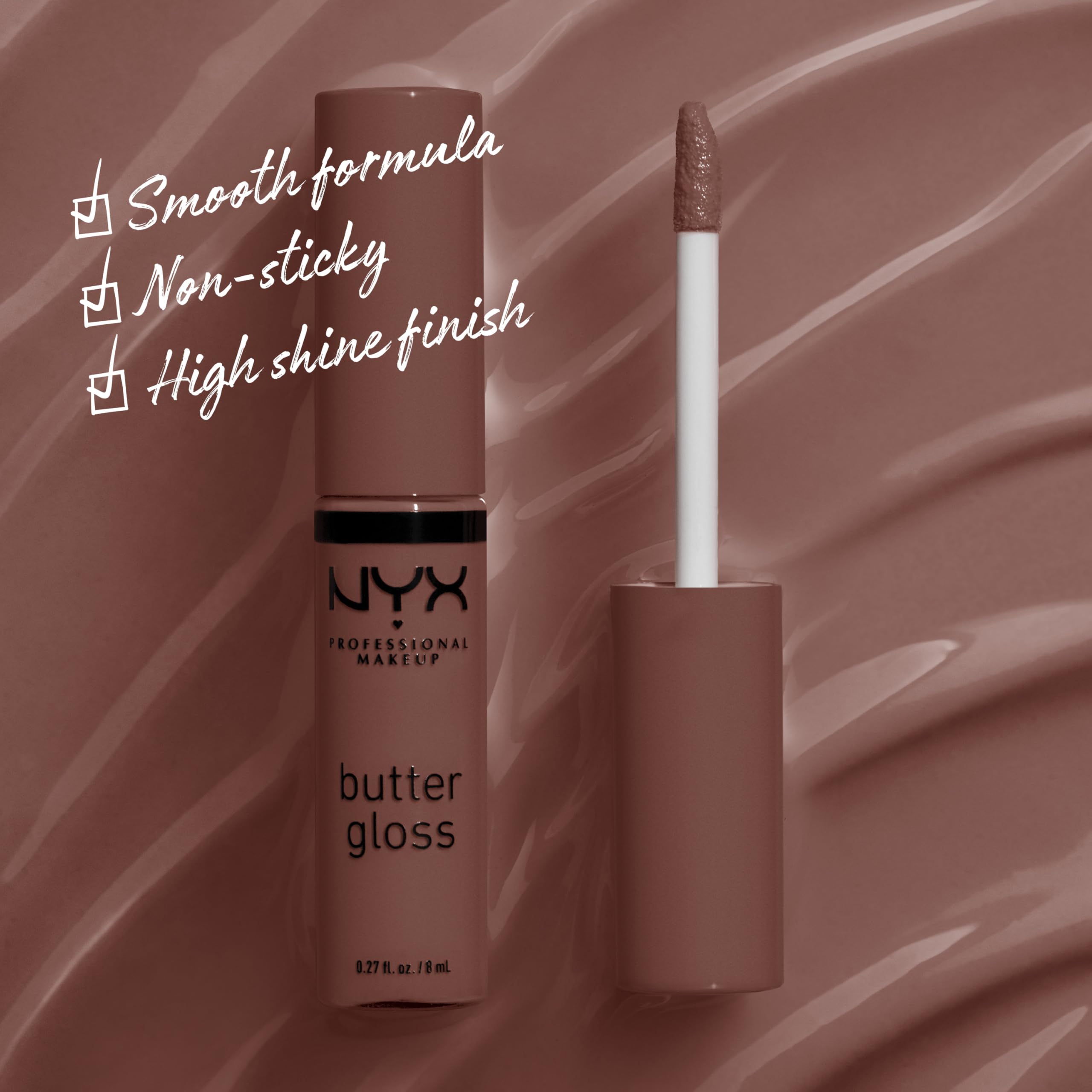 NYX Butter Gloss Ginger Snap swirl on lips with rich chocolate-brown color.
