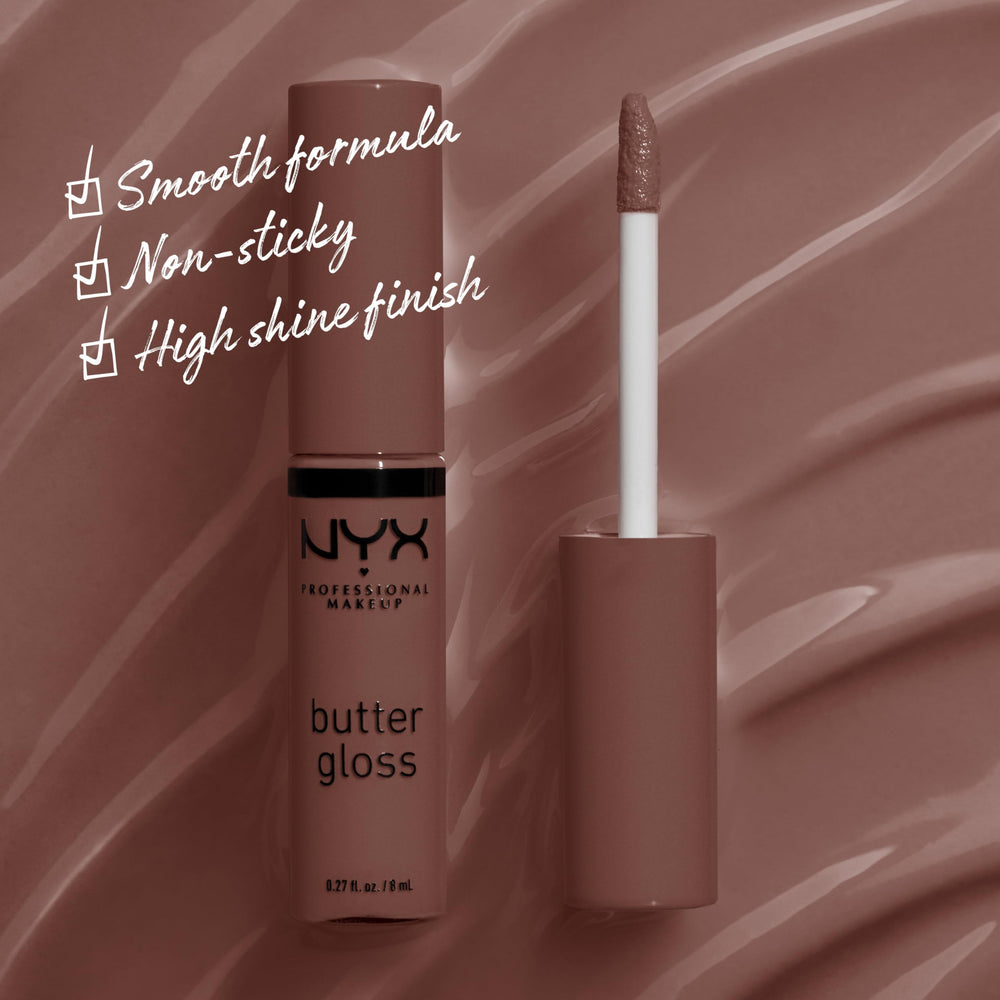NYX Butter Gloss Ginger Snap swirl on lips with rich chocolate-brown color.